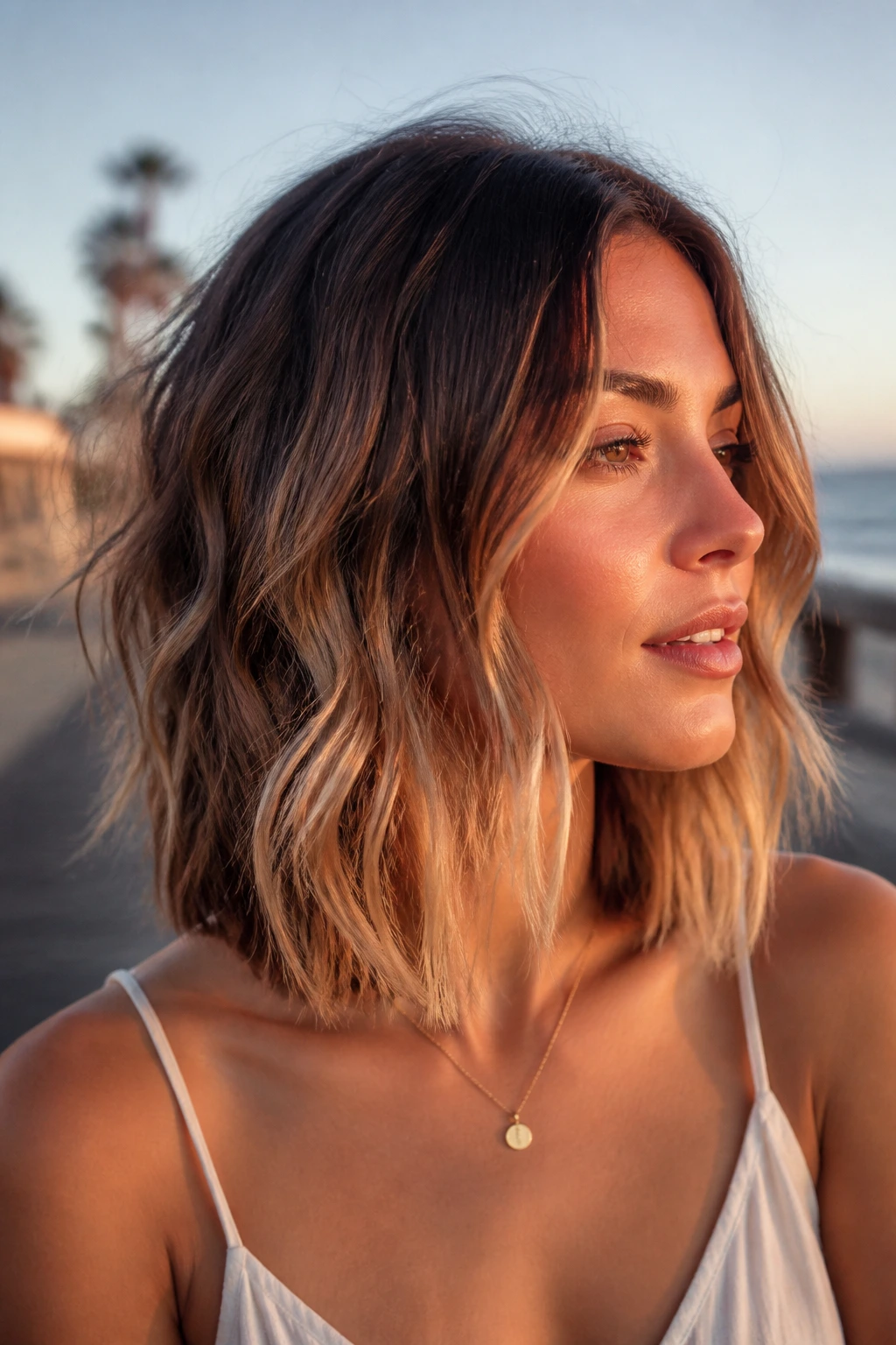 Close-up of a real woman with beachy wave lob on a seaside boardwalk with warm sunset light