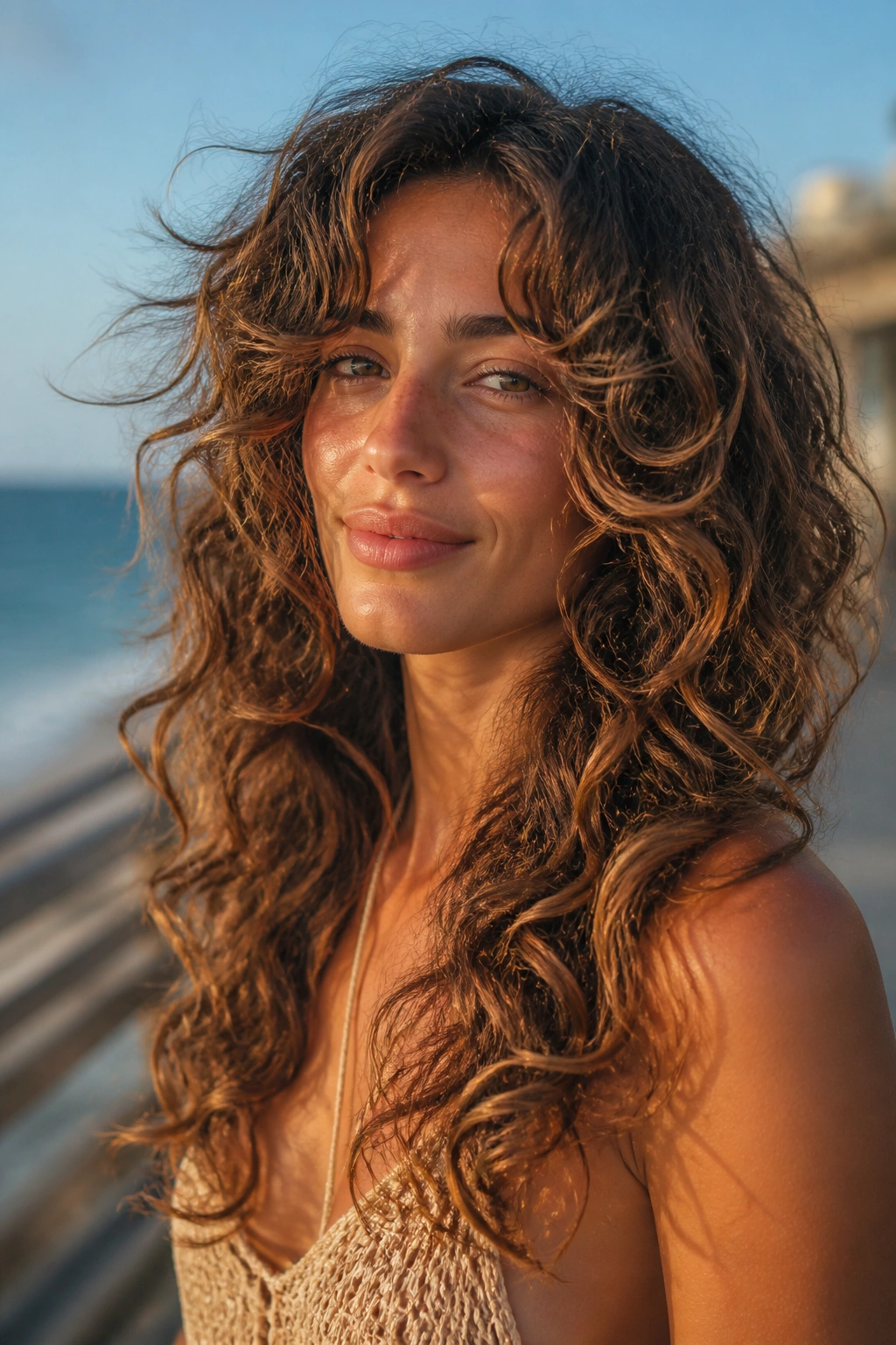 Portrait of woman with beachy spiral shag on long hair by seaside