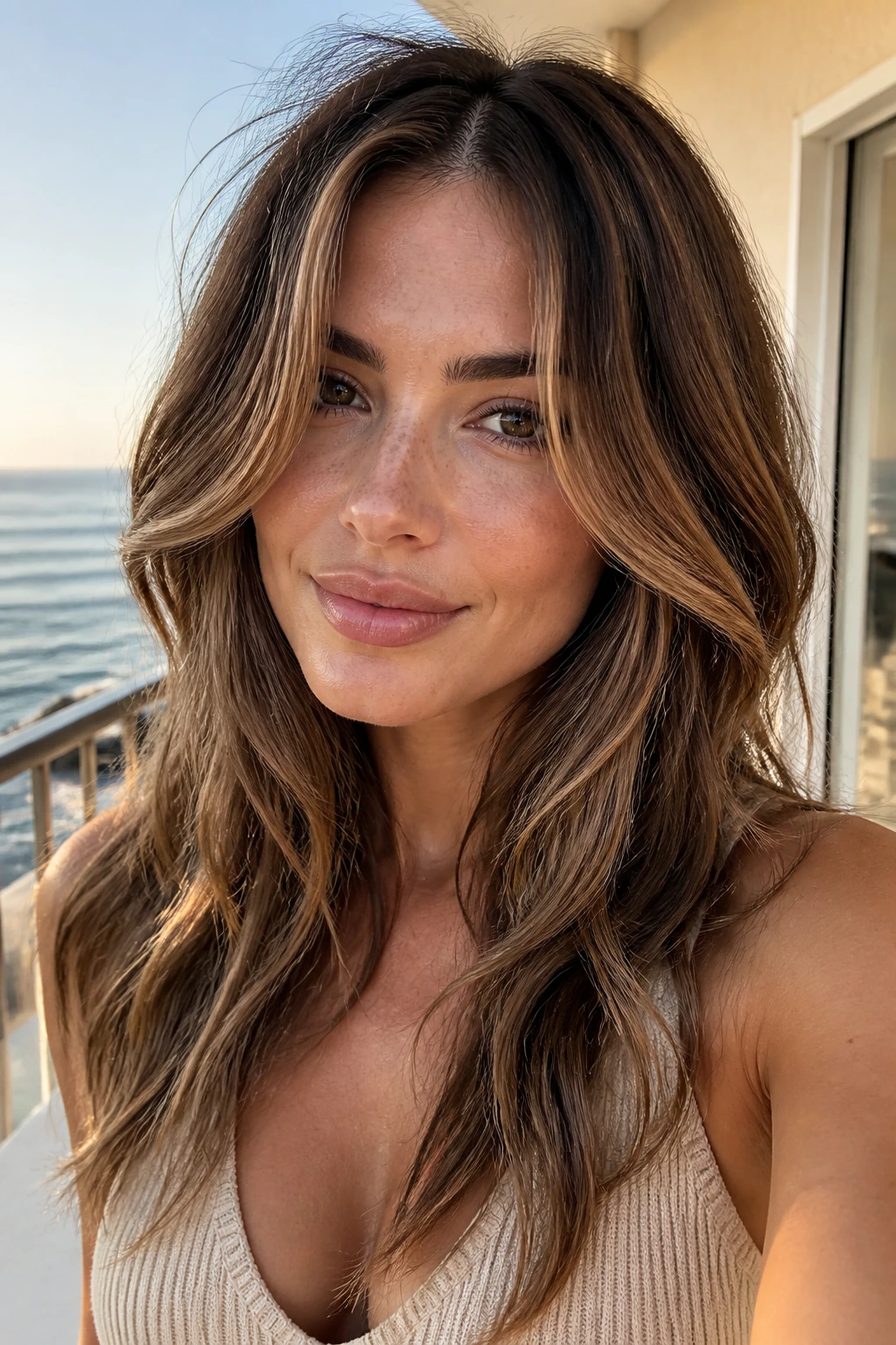 Close-up portrait of a real woman with chin-length face-framing layers and soft beachy waves in warm sunlight