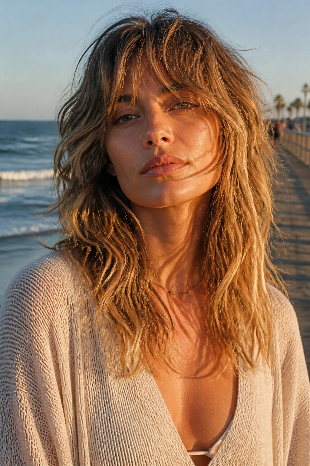 Beachy wavy long shag on real person, portrait at the beach.