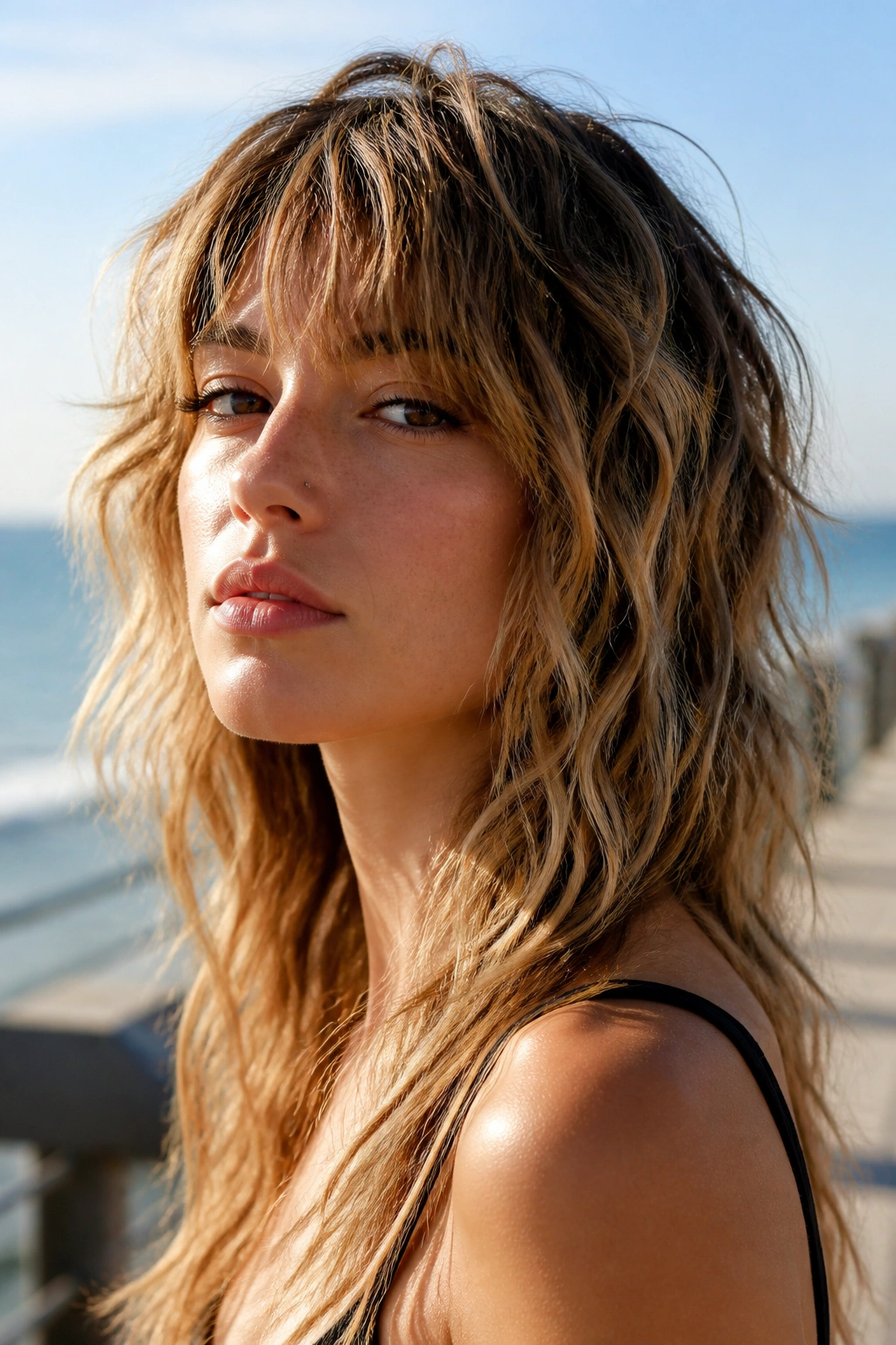 Close-up portrait of a real person with beachy wavy long shag mullet on a sunny boardwalk.