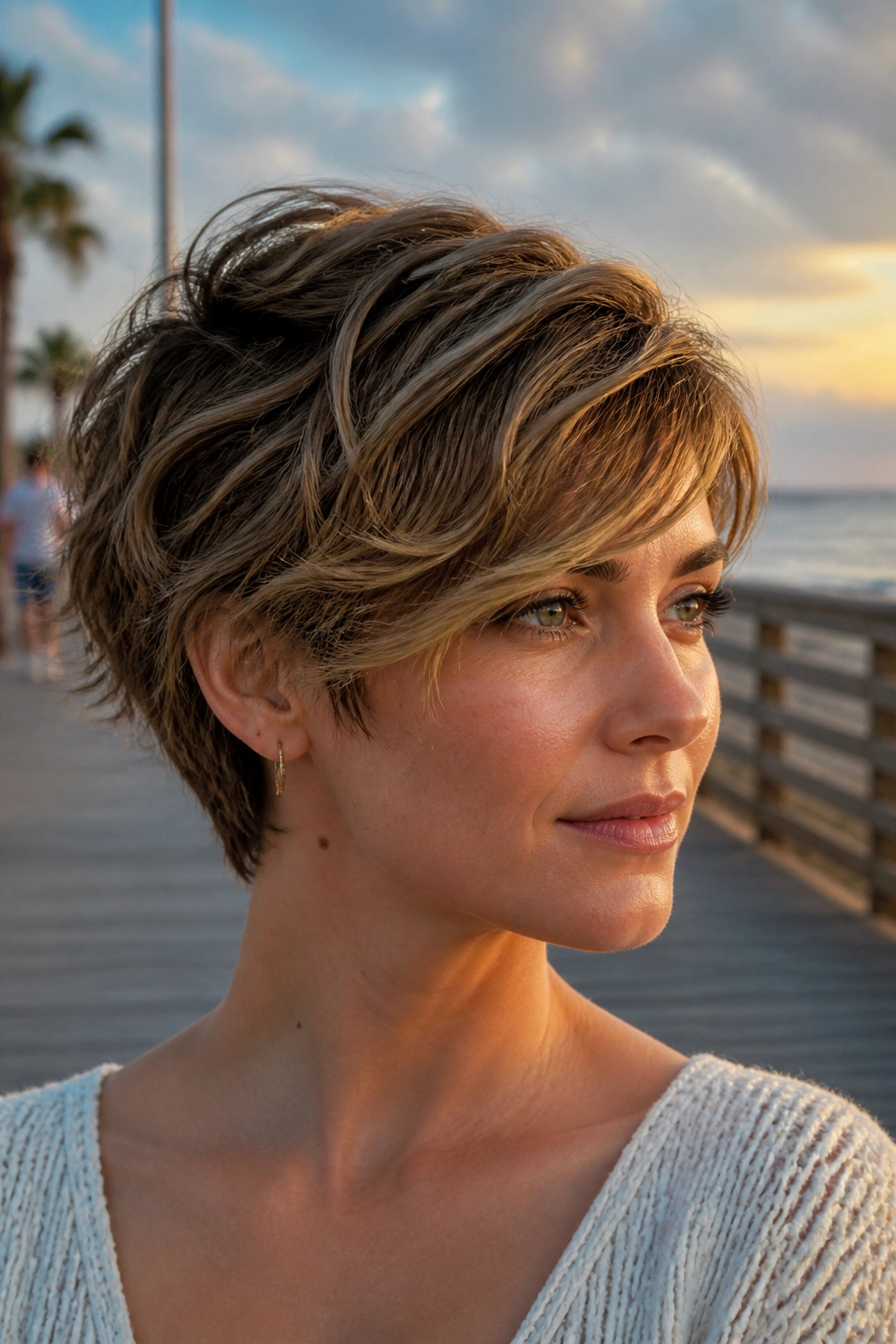 Portrait of a woman with a wavy long pixie and beachy movement in warm sunset light.