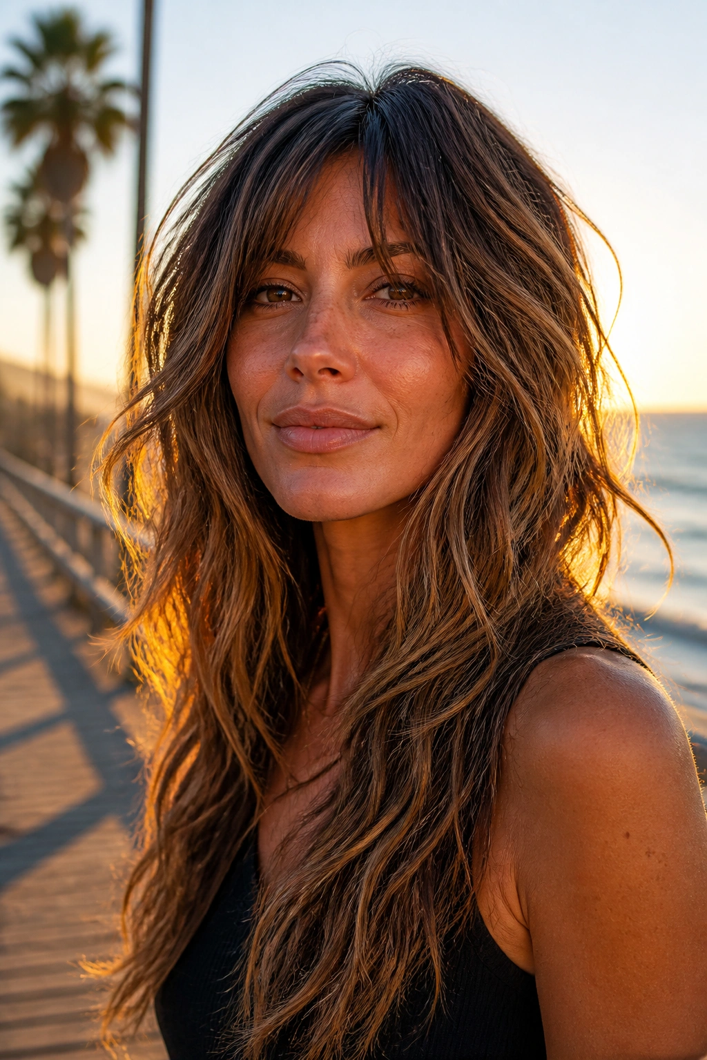 Real woman with beachy long shag on wavy hair at seaside boardwalk during golden hour.