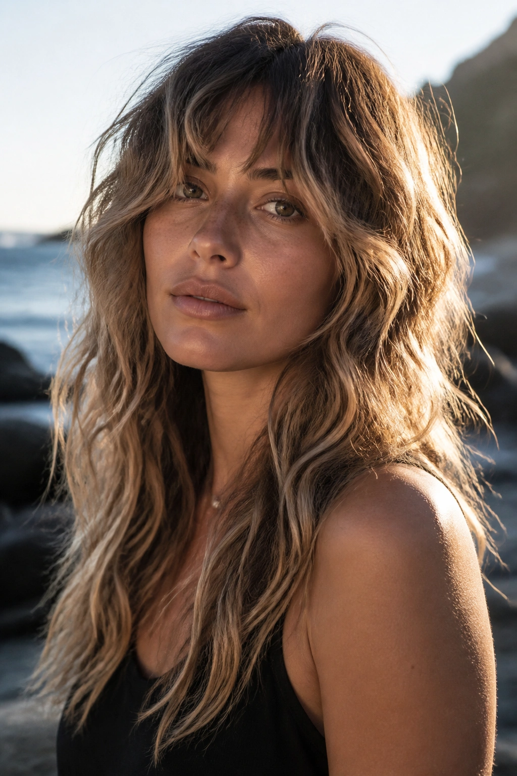 Real person with wavy beach shag hairstyle at the beach