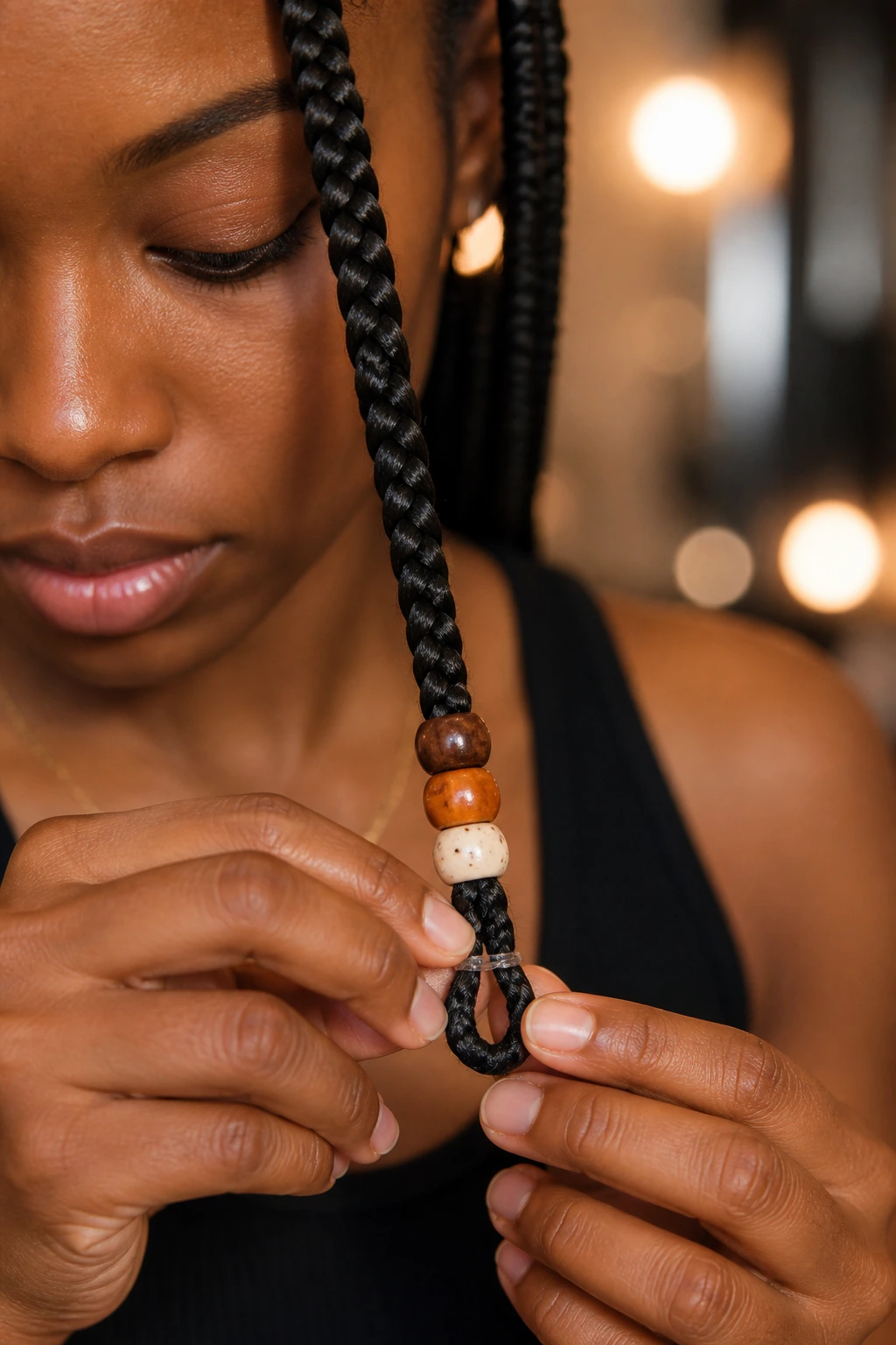 Close-up of bead installation technique with loop and beads on braids