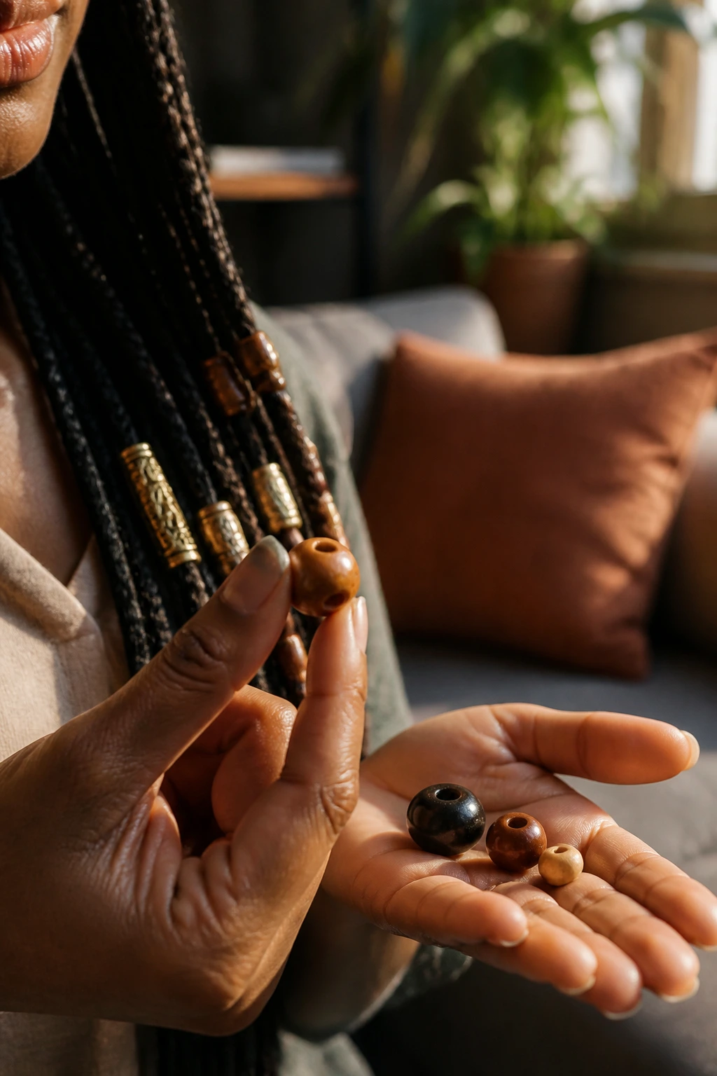 Hands comparing bead sizes on a braid in a cozy living room