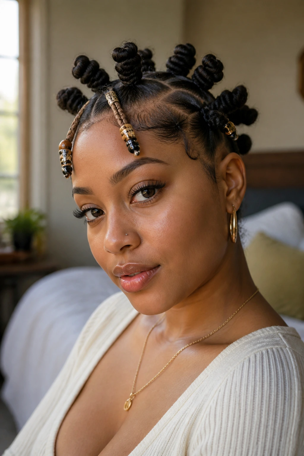 Close-up portrait of a real woman with beaded Bantu knots and subtle cuffs in natural light