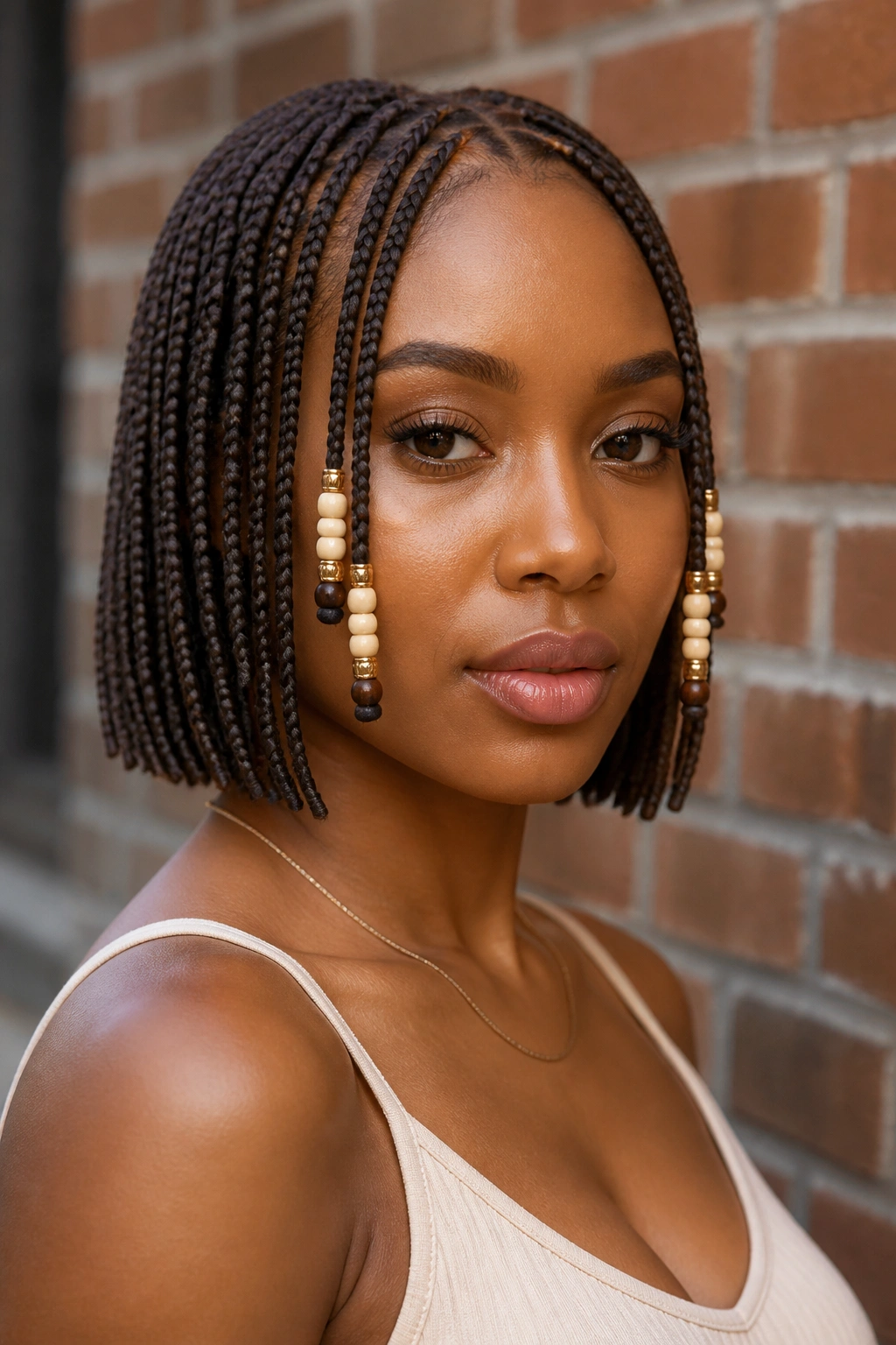 Close-up of a woman with beaded bob braids showing beads on front rows