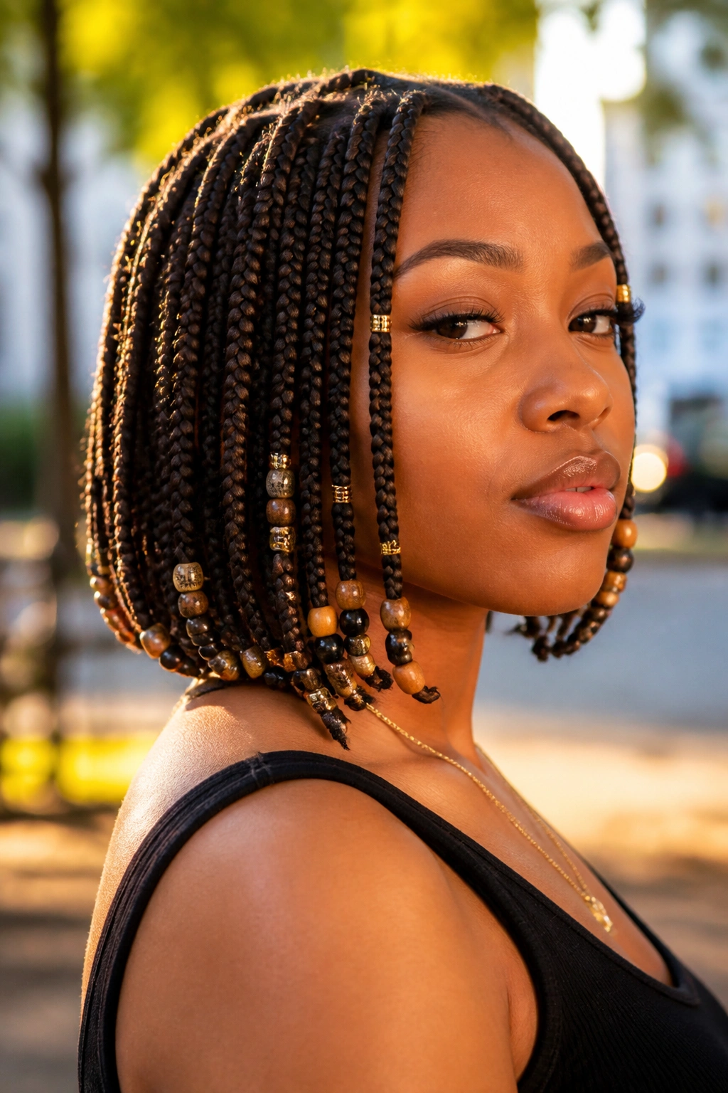 Beaded bob box braids with beads near the face on a real woman