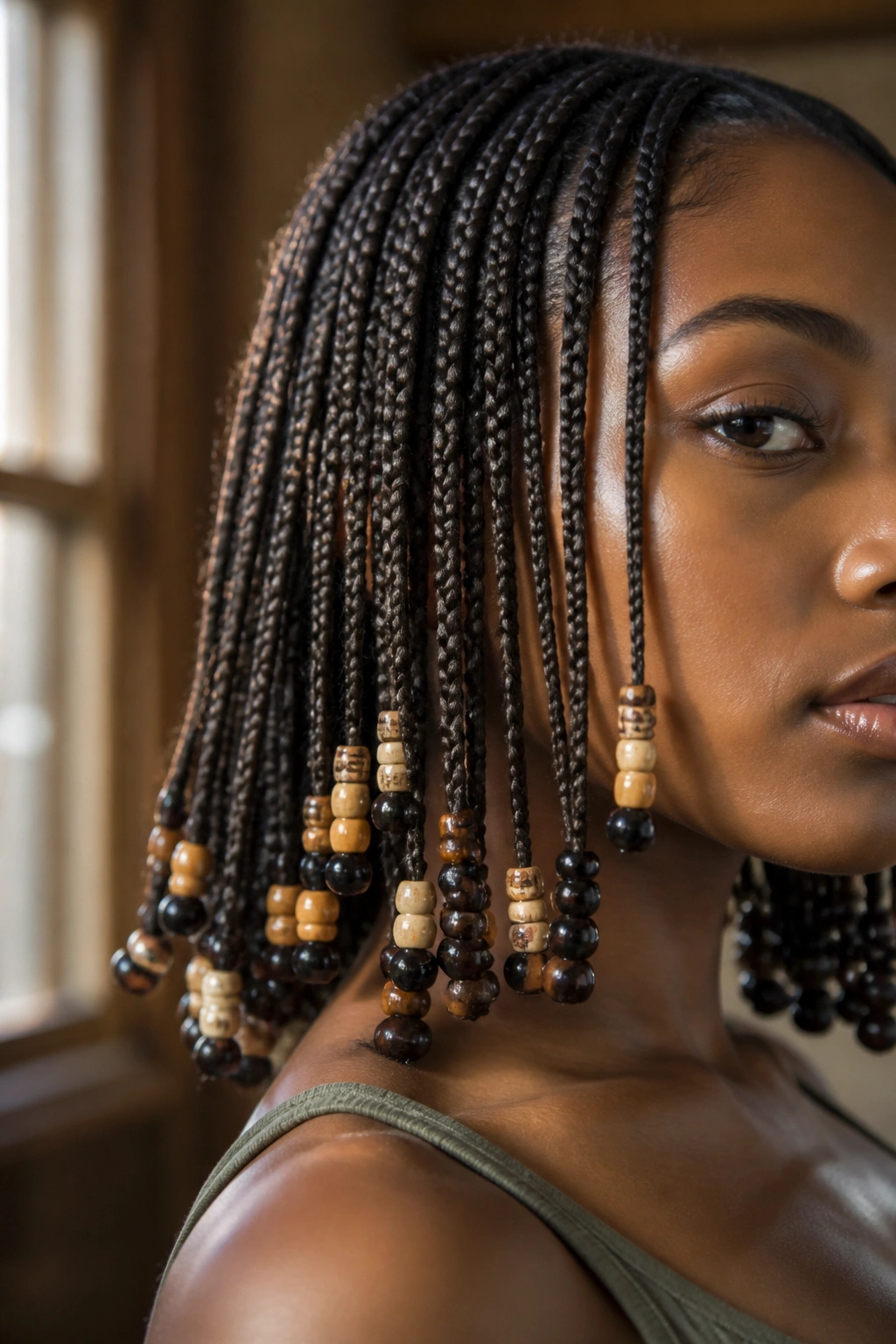 Close-up of beaded box braids on a real person