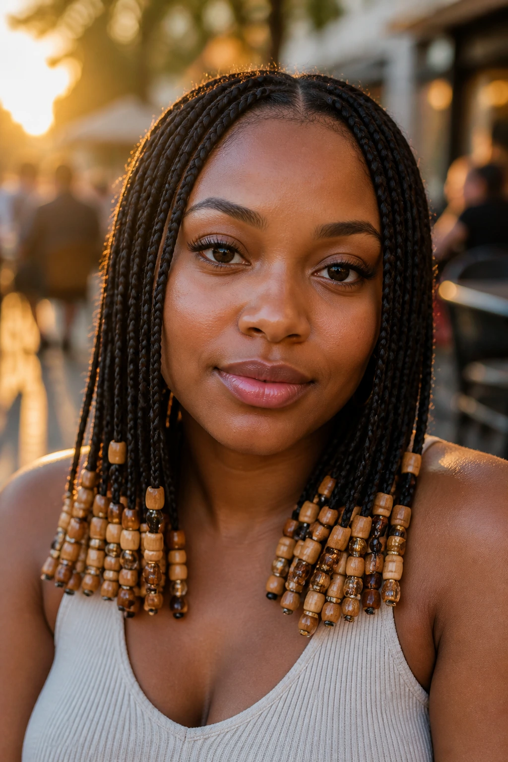Close-up of a real woman with beaded braids catching golden hour light