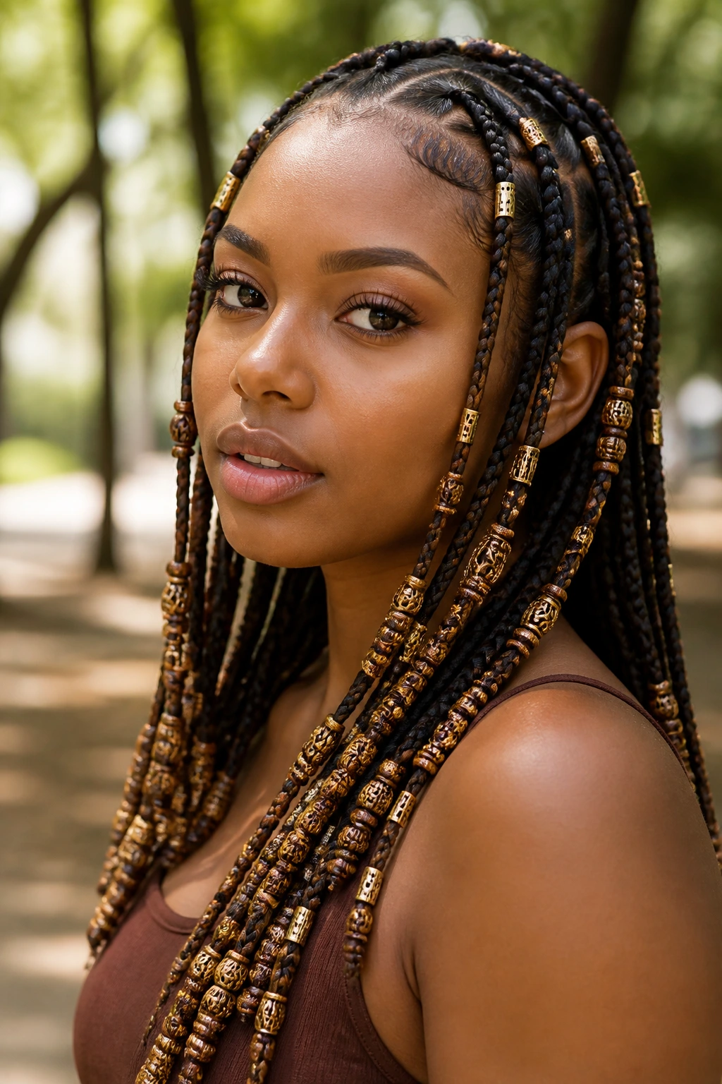 Close-up portrait of a real person with beaded braids