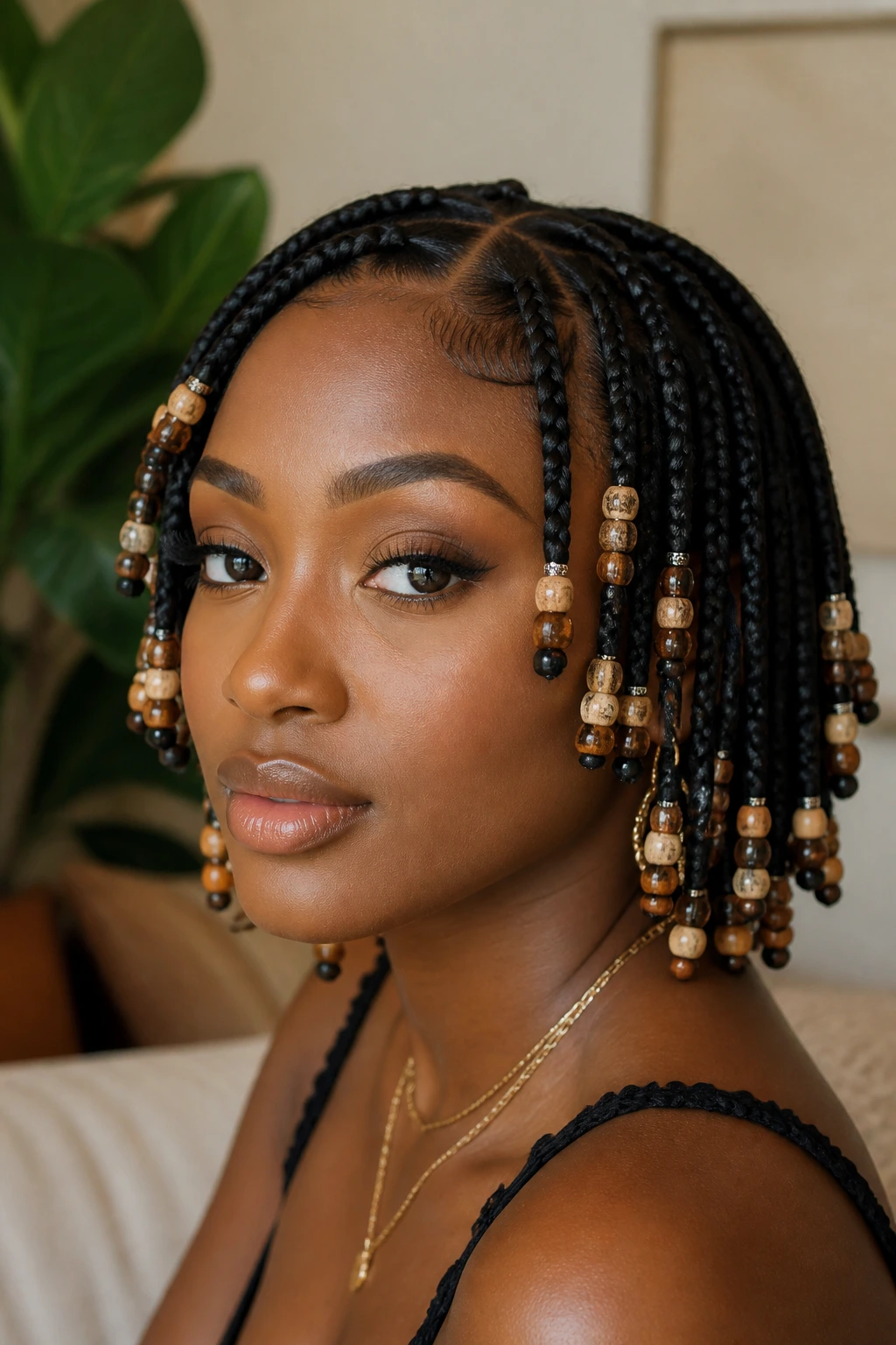 Real woman with short beaded braids