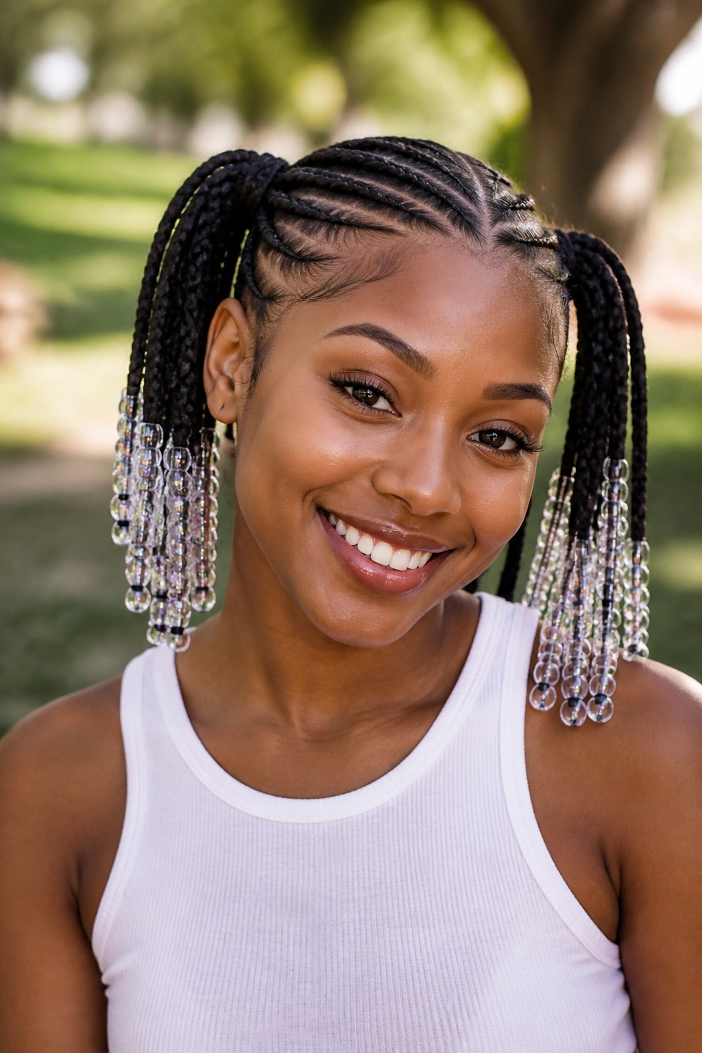 Beaded cornrow pigtails on a real person in a sunlit park