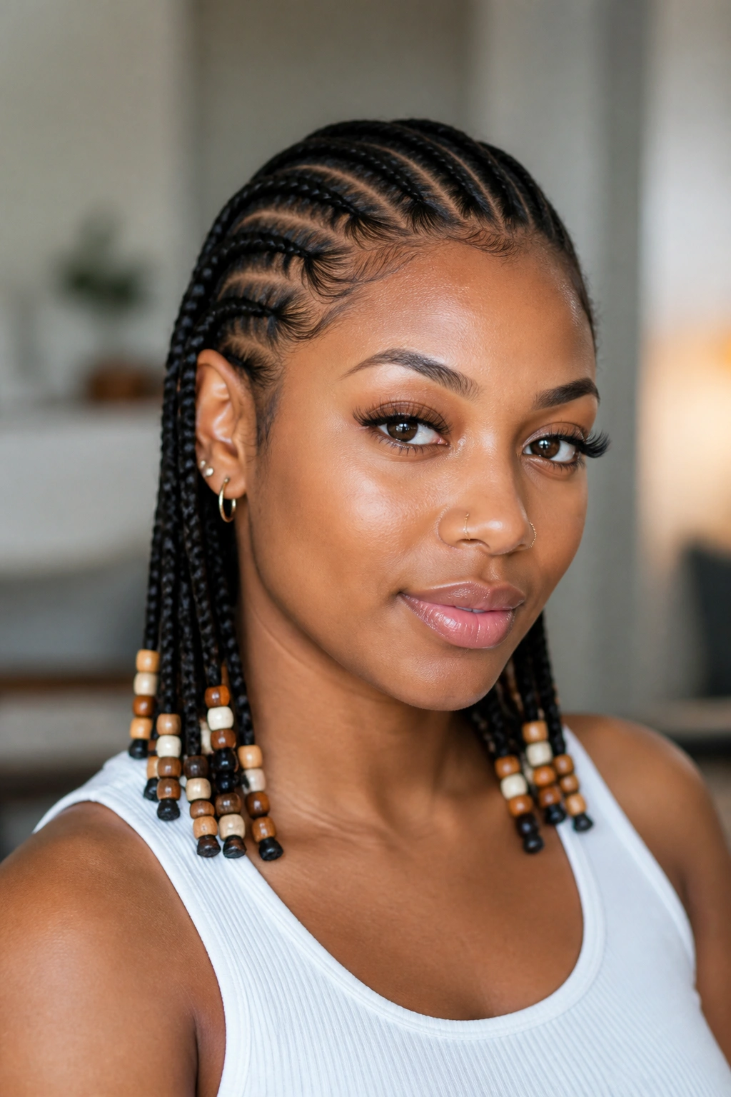 Portrait of a real woman with beaded cornrows ending in lightweight beads
