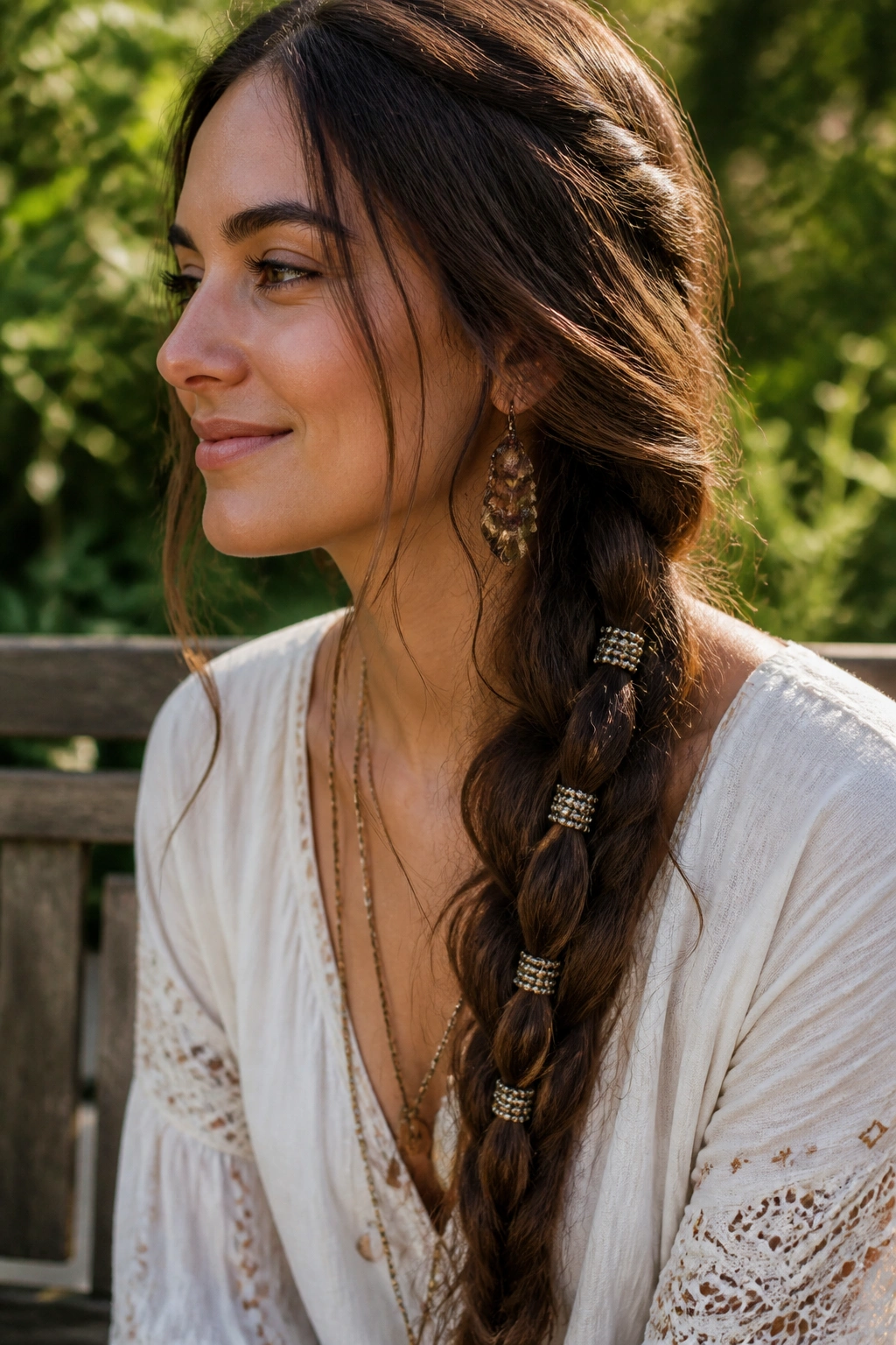 Close-up of a chunky plait with beaded cuffs in outdoor daylight.