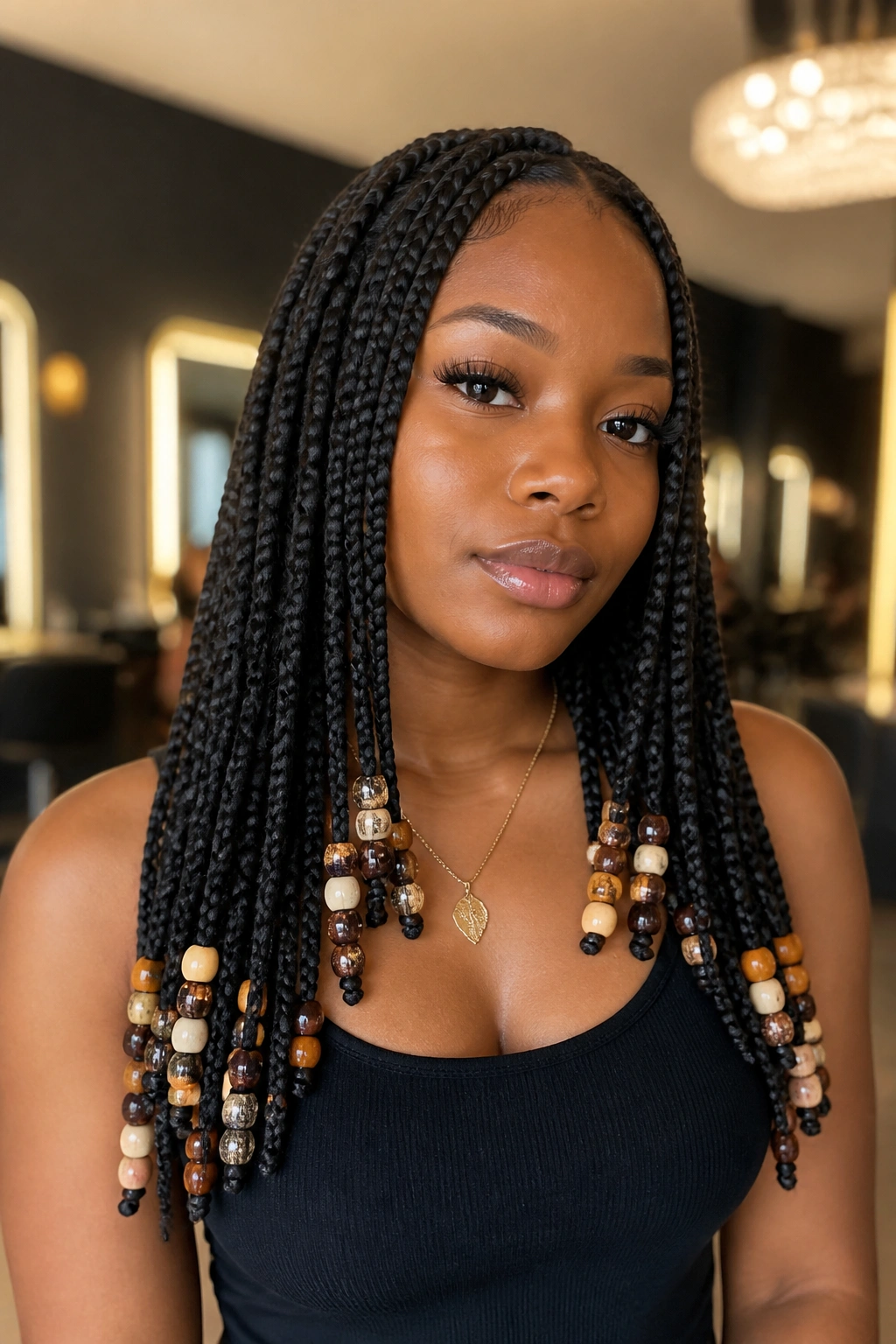 Close-up portrait of a real person with box braids featuring beaded ends.