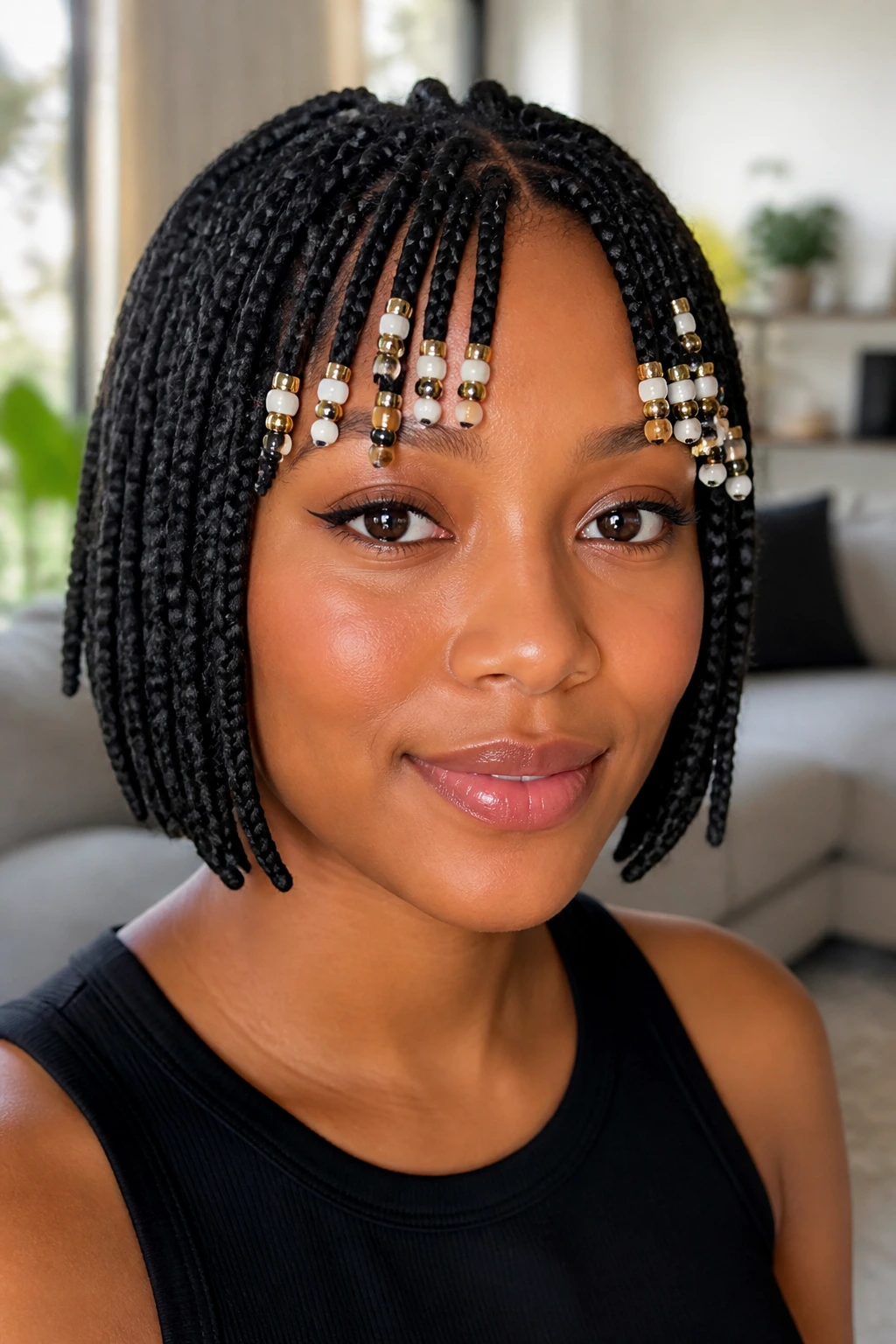 Real woman with short box braids and beaded fringe ends in a bright living room