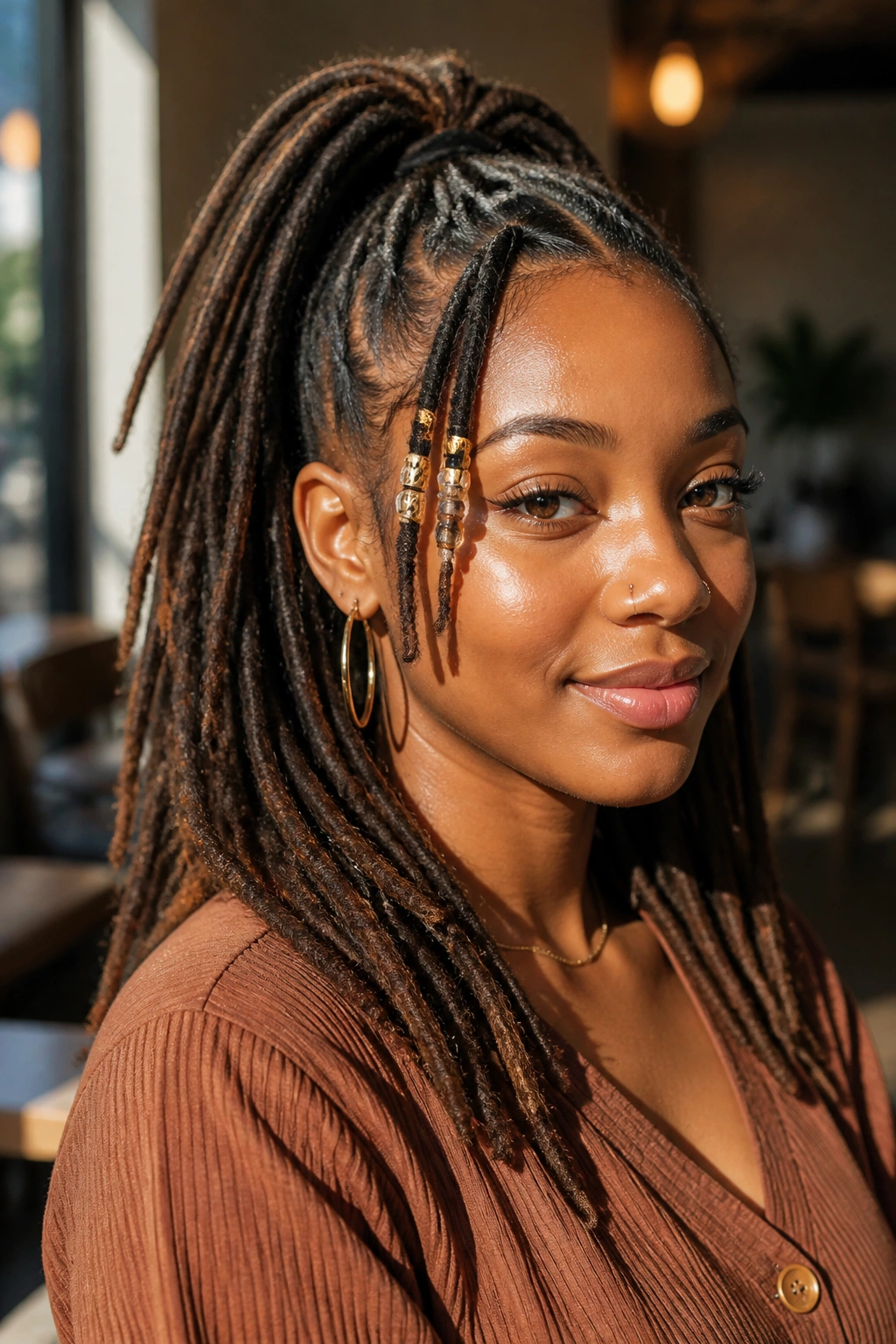 Close-up of a real person with a beaded half-up ponytail featuring beads on the lifted locs near the face