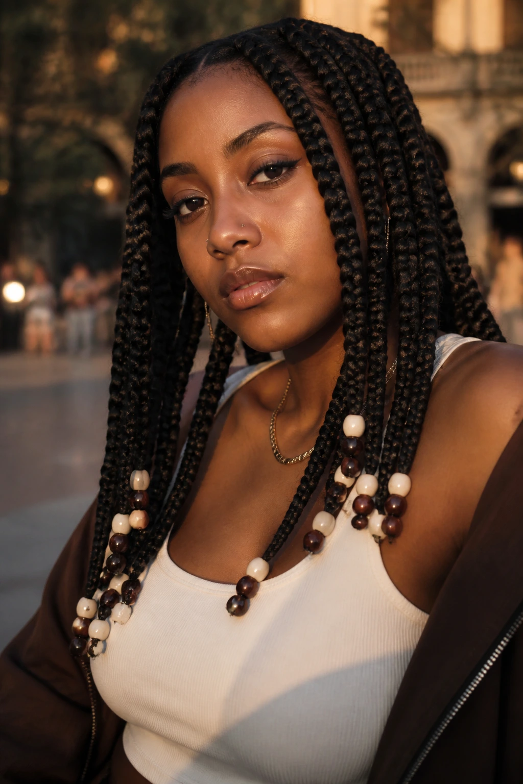 Close-up of jumbo box braids with beaded ends on a real person