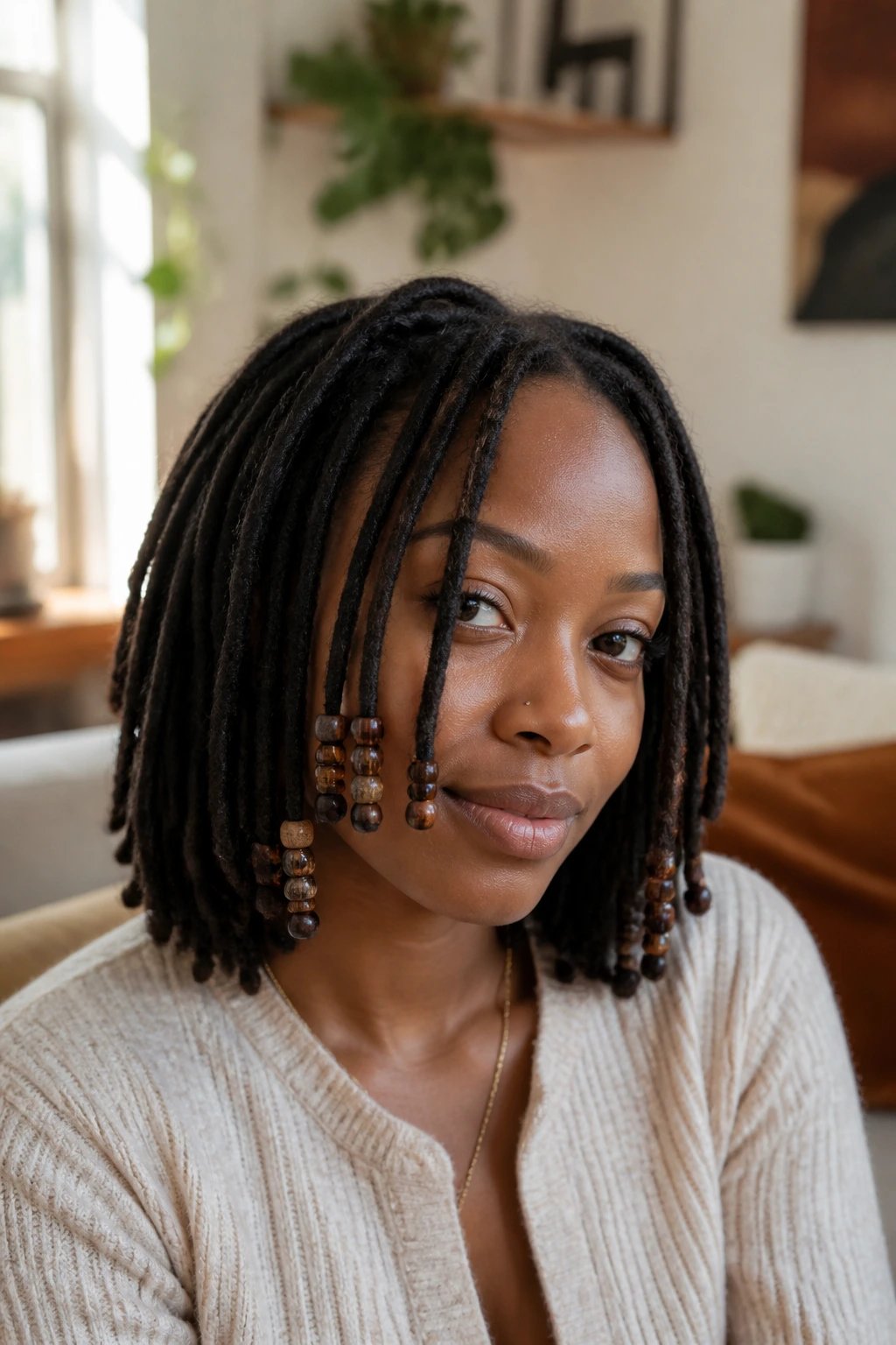 Close-up of a woman with beaded locs framing her face