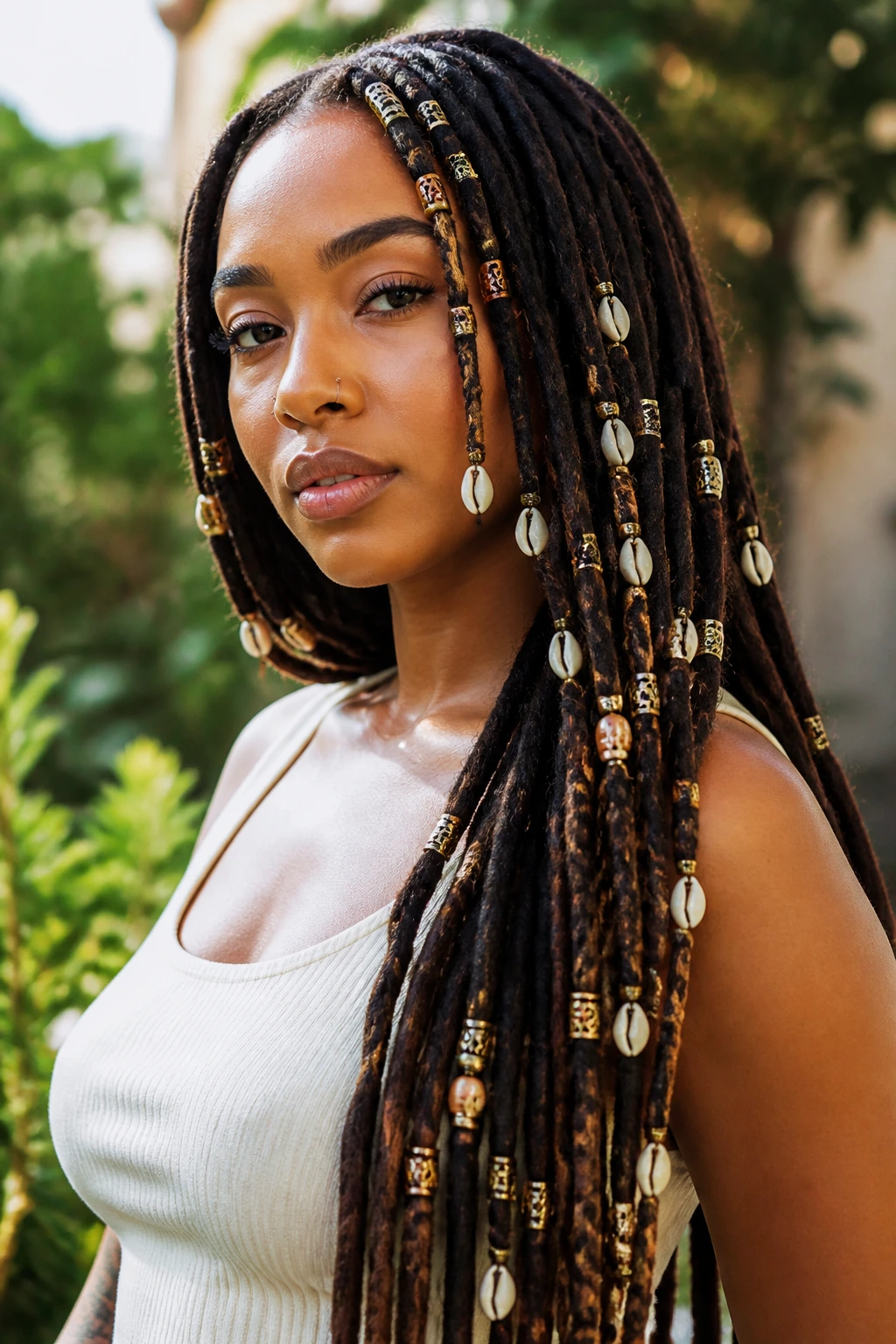 Close-up of beaded locs with shells and metal accents on a real woman