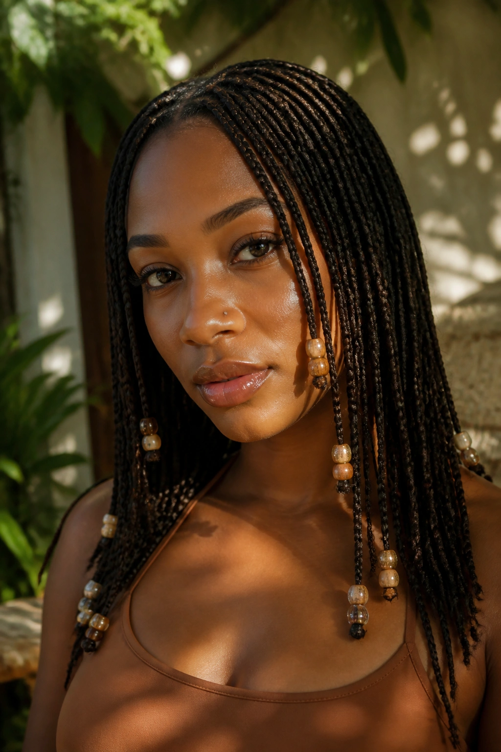 Close-up portrait of a real woman with beaded micro braids