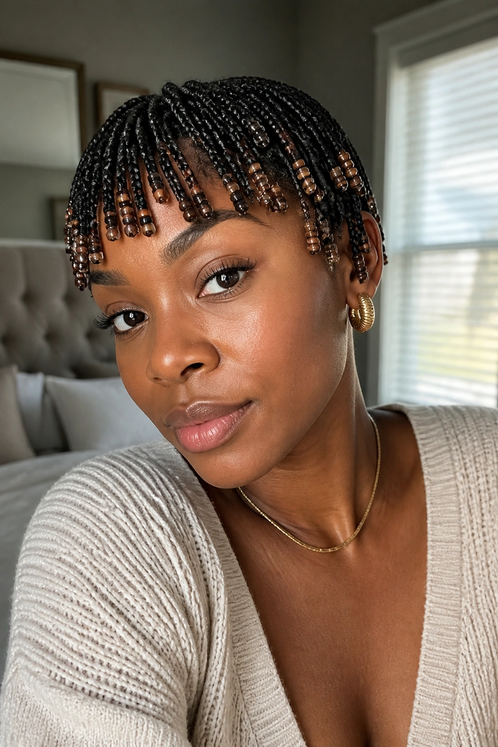 Close-up of a real woman with beaded pixie braids and lightweight beads at the ends in natural window light