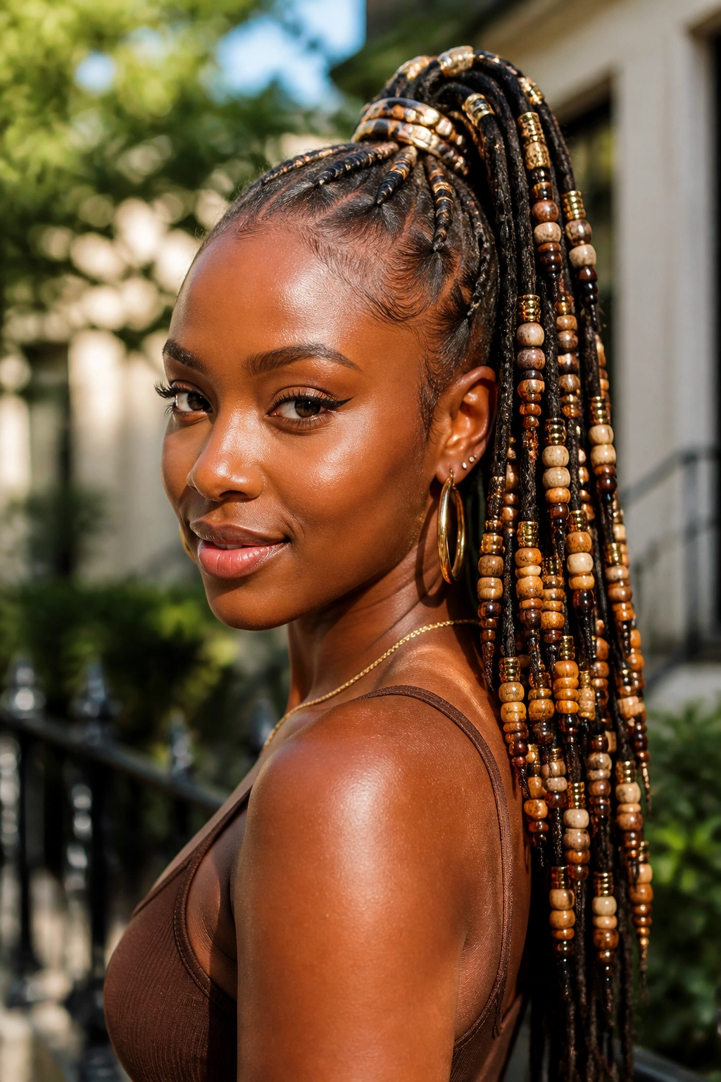 Beaded high ponytail on a real person with beads along the ponytail.
