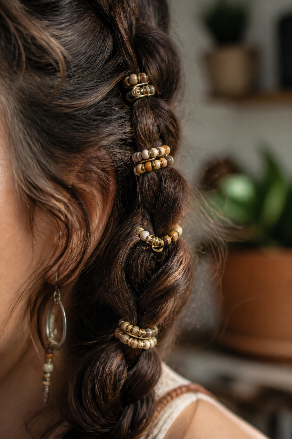 Real person wearing beaded wire hair rings in a textured braid.