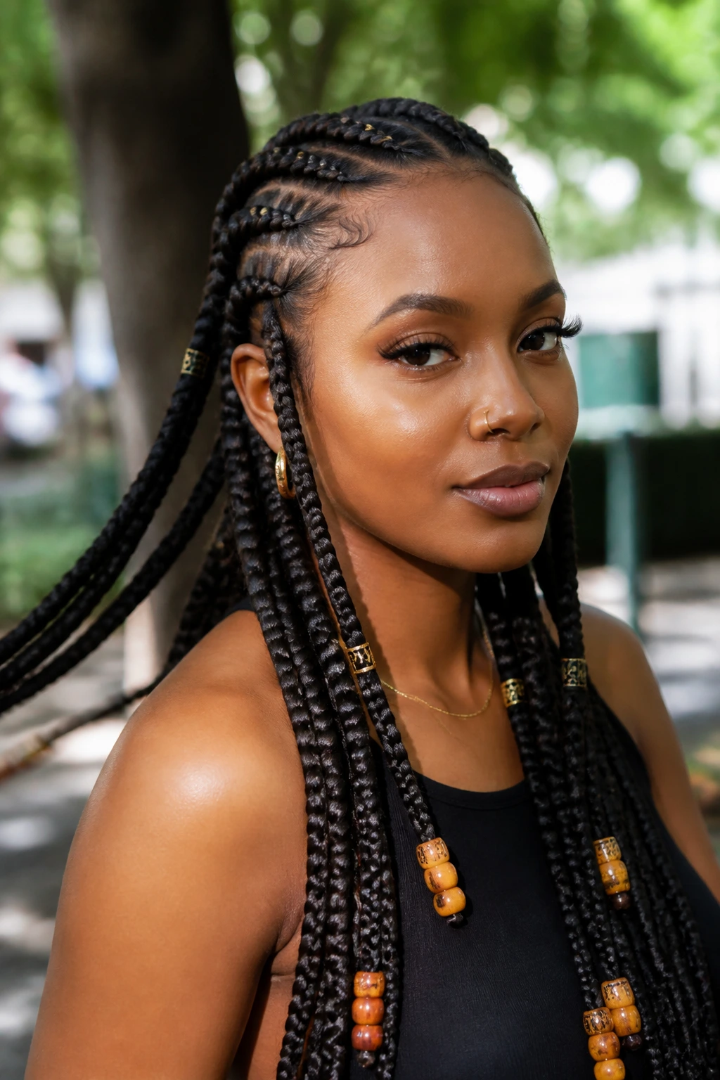 Ghana braids with beads and cuffs on a real person, beads visible on the outer braids.