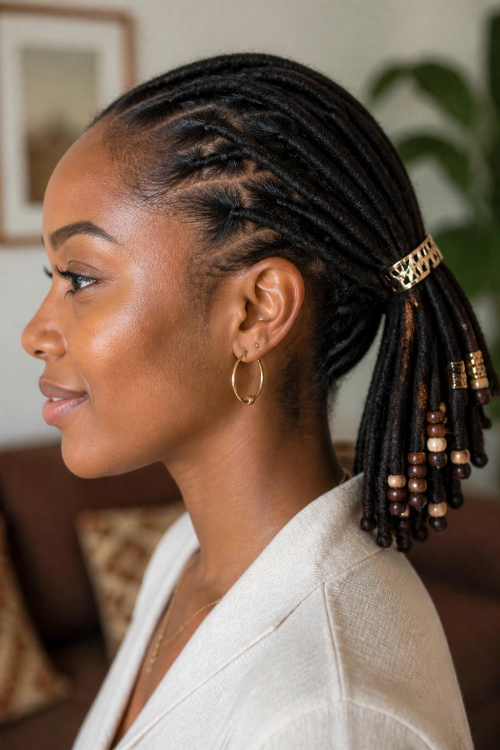 Real person with locs ends accented by beads and cuffs