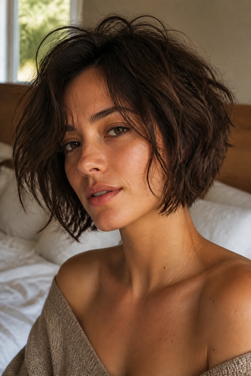 Close-up portrait of a real woman with a Tousled Bedhead Bob in warm window light