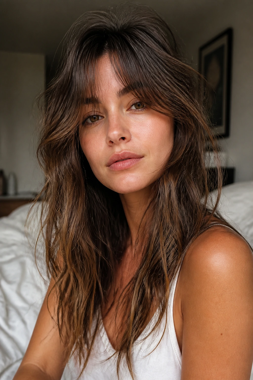 Close-up of a woman with bedhead curtain bangs in a cozy bedroom