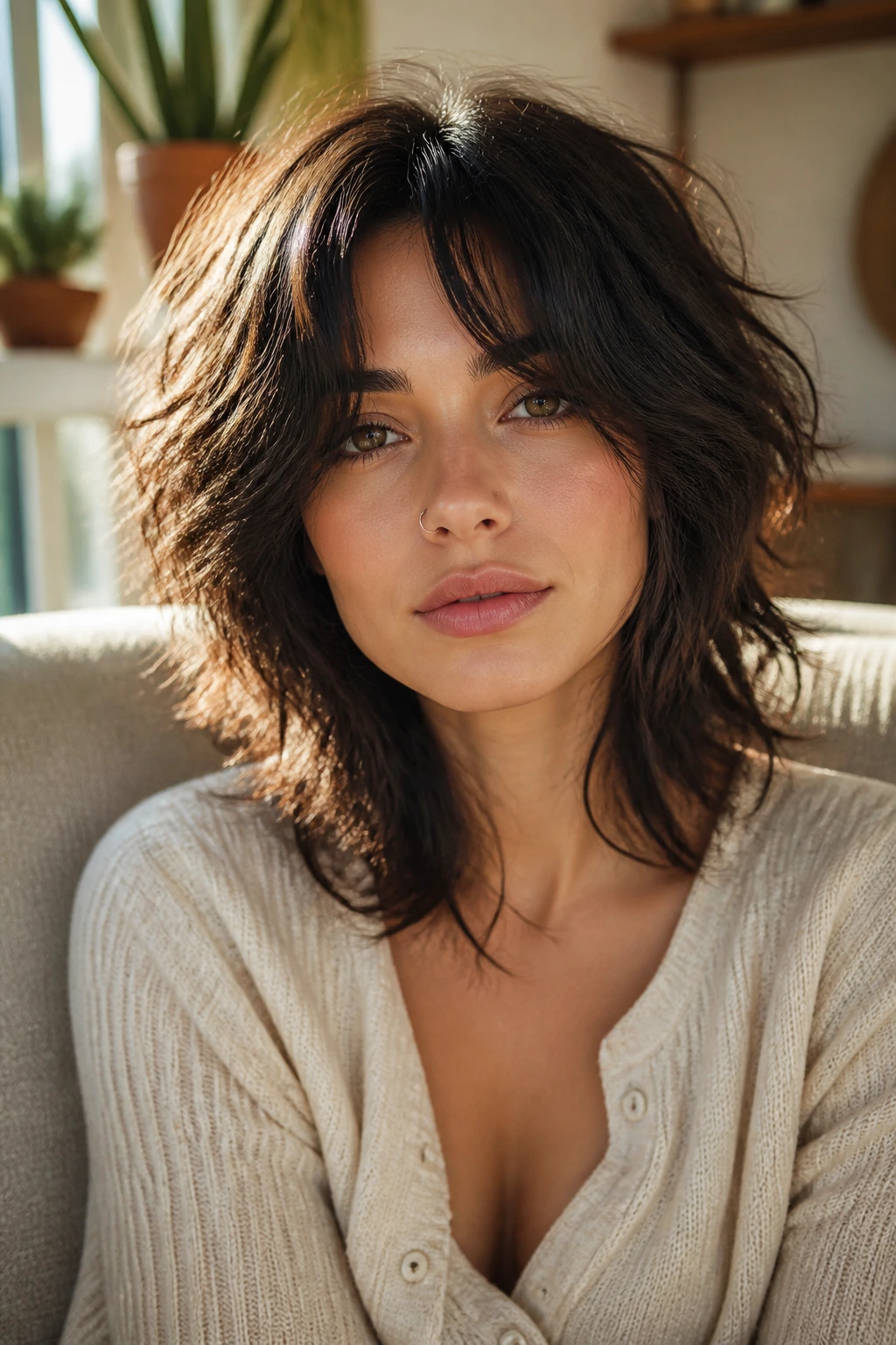 Close-up of a real person with messy bedhead shag and middle-parted bangs.