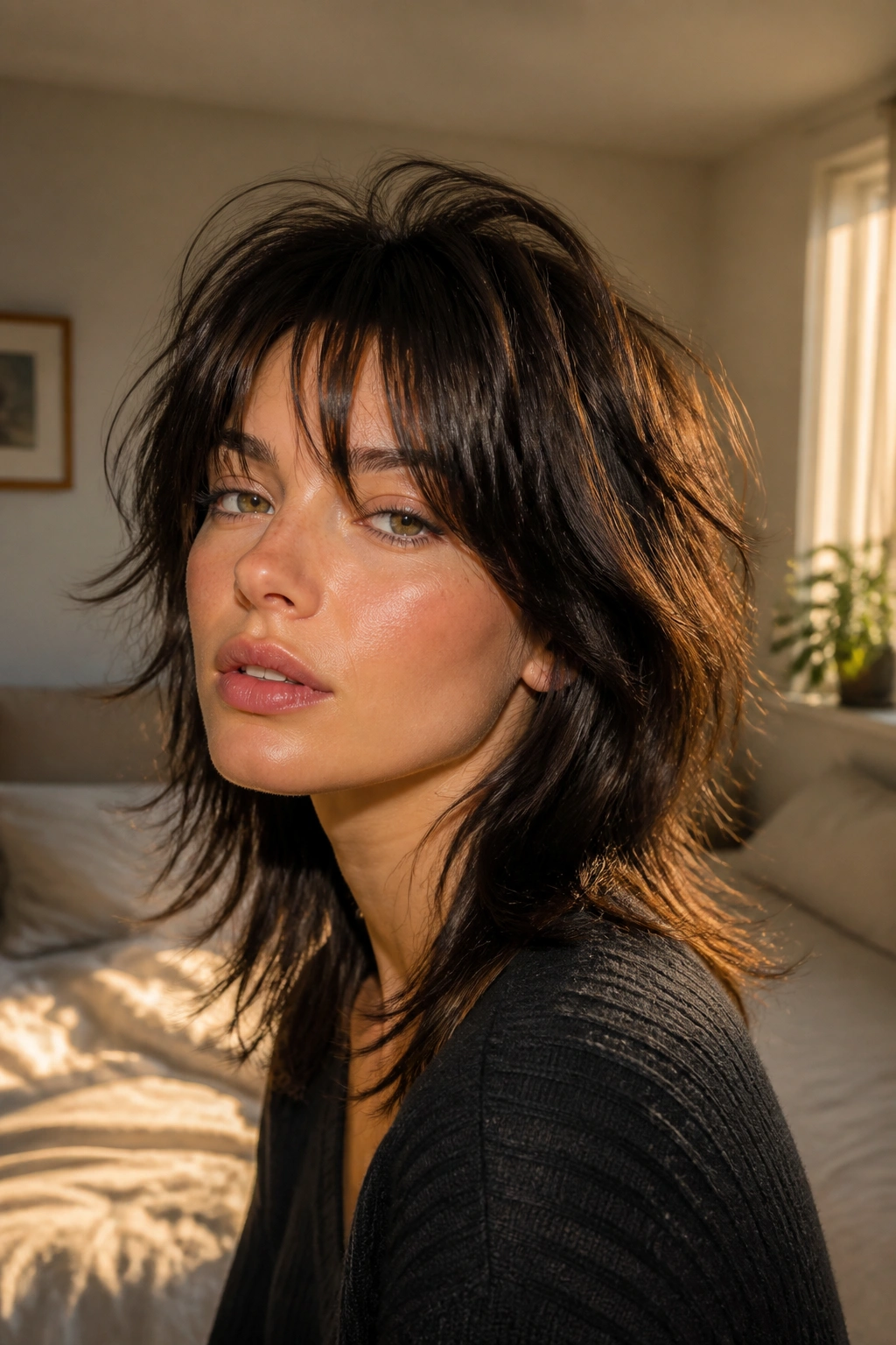 Real woman with bedhead wolf cut and root lift in a cozy room