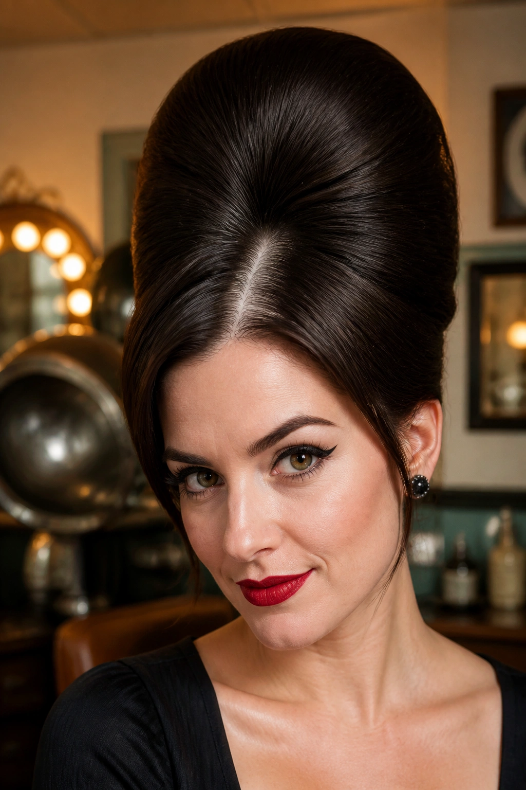 Close-up of a real woman with a high beehive and peekaboo stripe at the part.