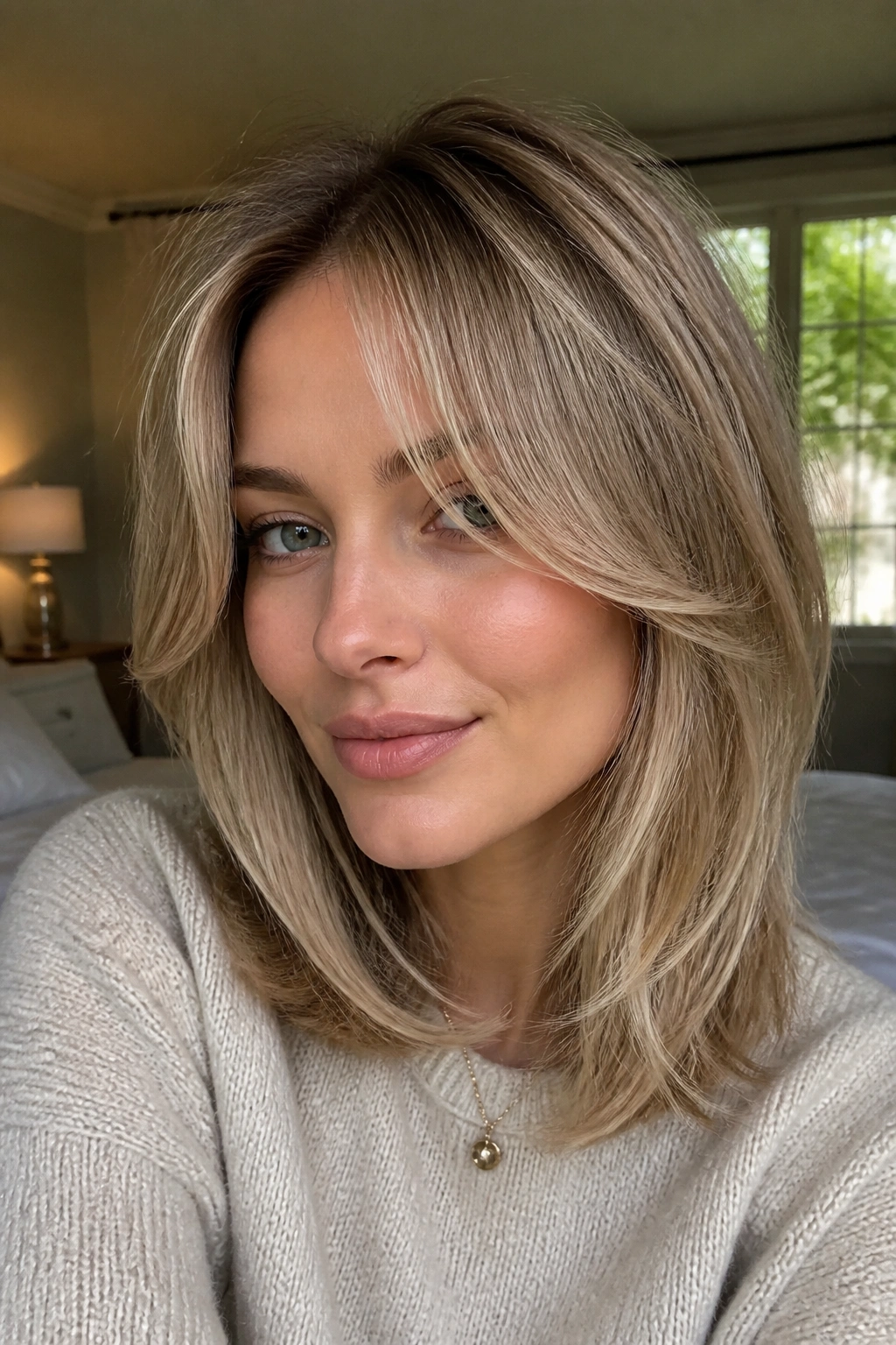 Close-up portrait of a real woman with beige-ash curtain bangs in a cozy bedroom.