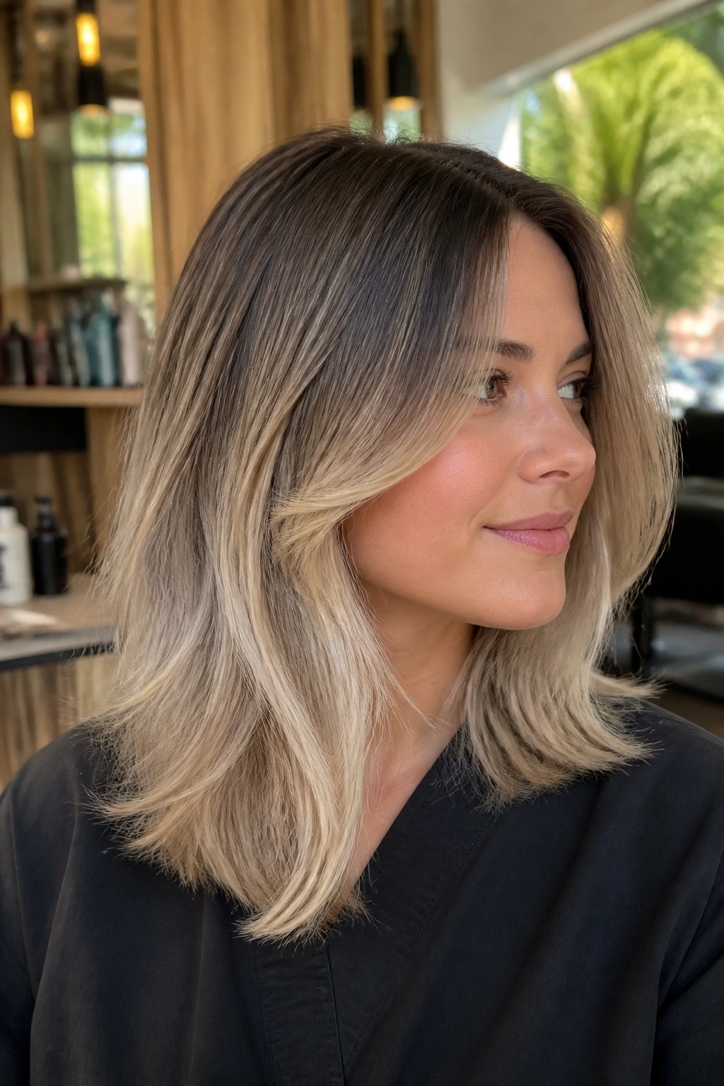 Close-up portrait of a real woman with beige ash blonde ombré on layered hair