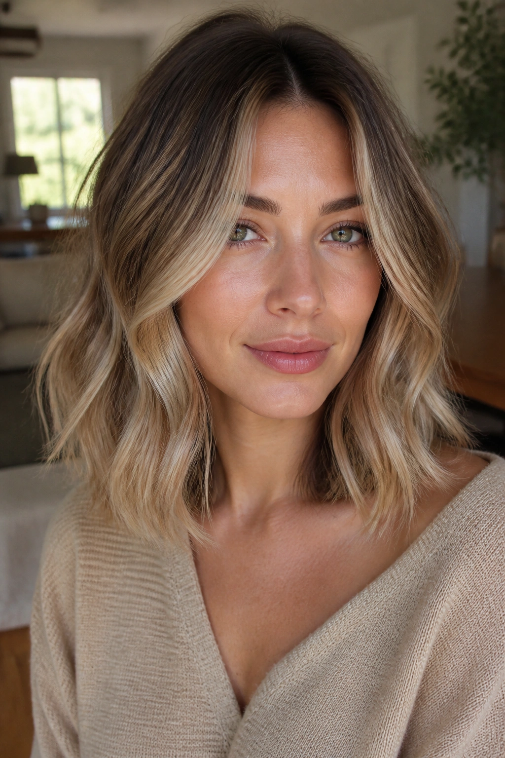 Real person with beige balayage and dark roots in soft natural light