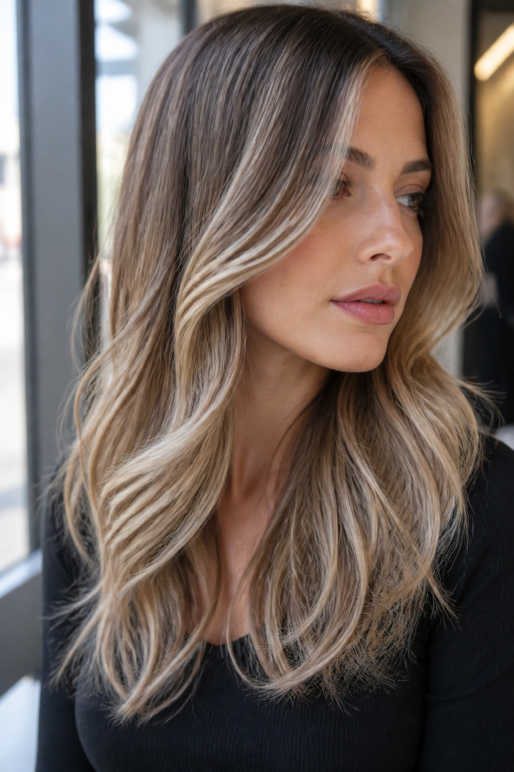 Close-up of beige balayage dirty blonde hair on a real person in daylight