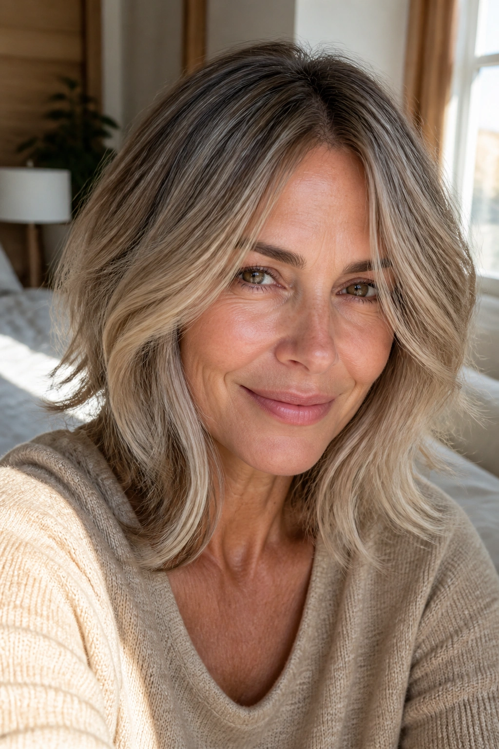 Close-up of beige balayage on fine hair on a real woman in daylight