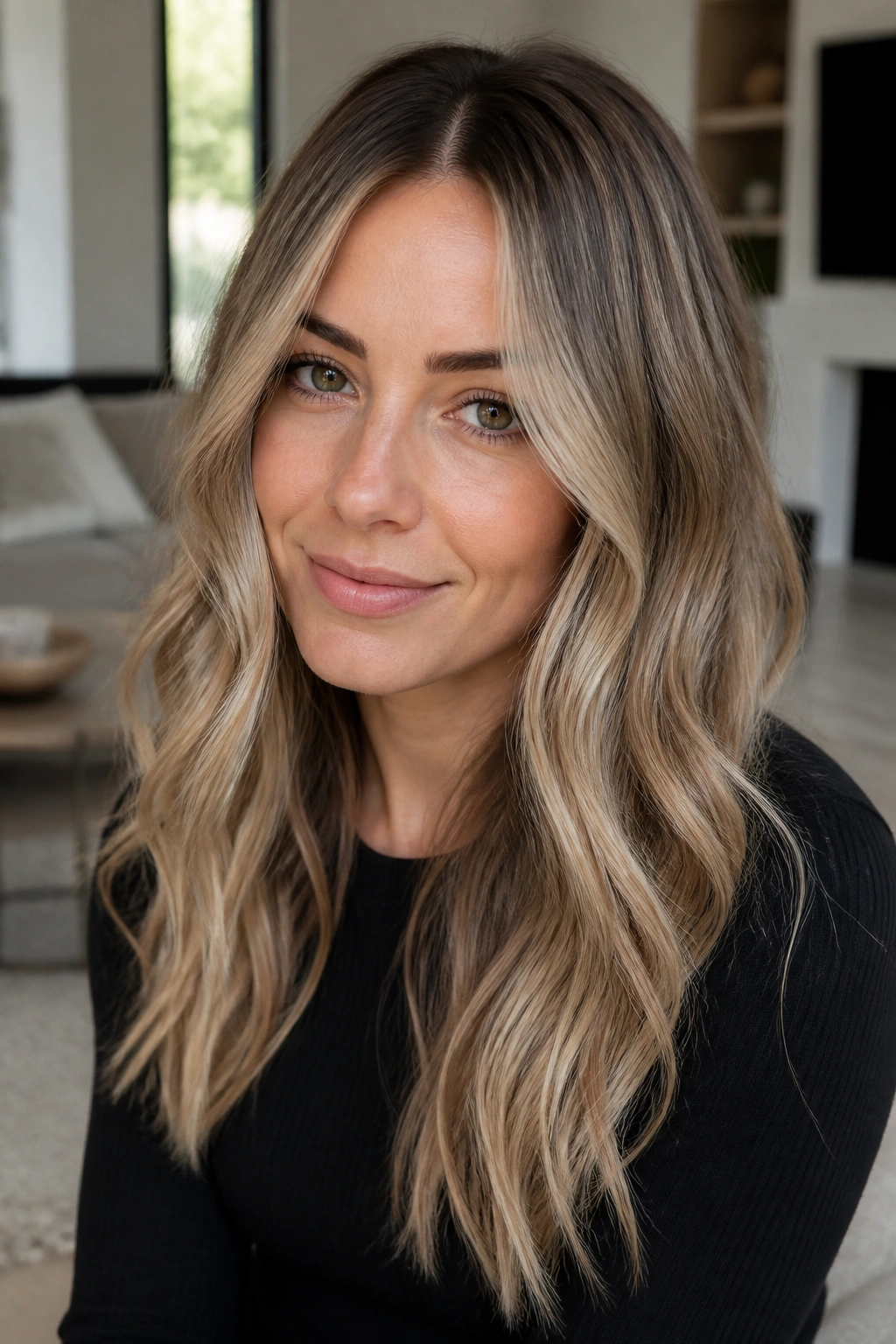 Close-up of real woman with beige balayage highlights around face
