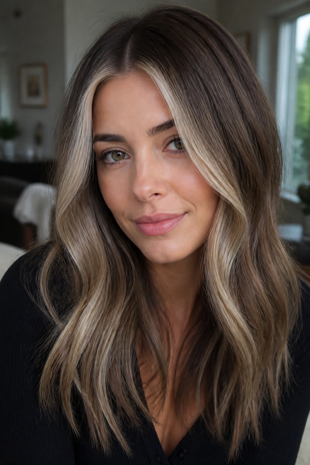 Close-up of a real woman with beige blonde blocks on mushroom brown hair under natural window light
