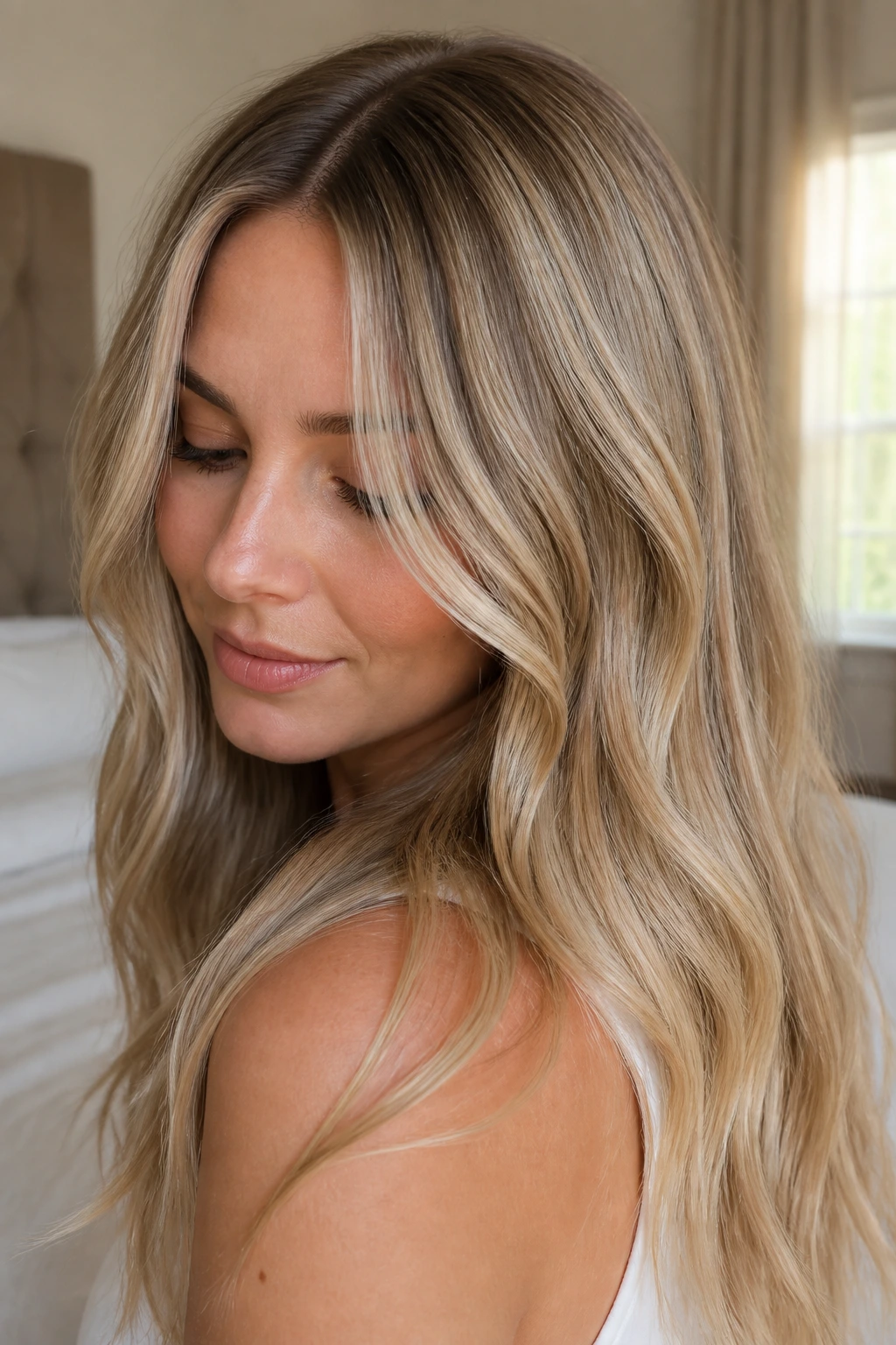 Close-up portrait of a real woman showing beige blonde babylights with soft dimension under warm window light