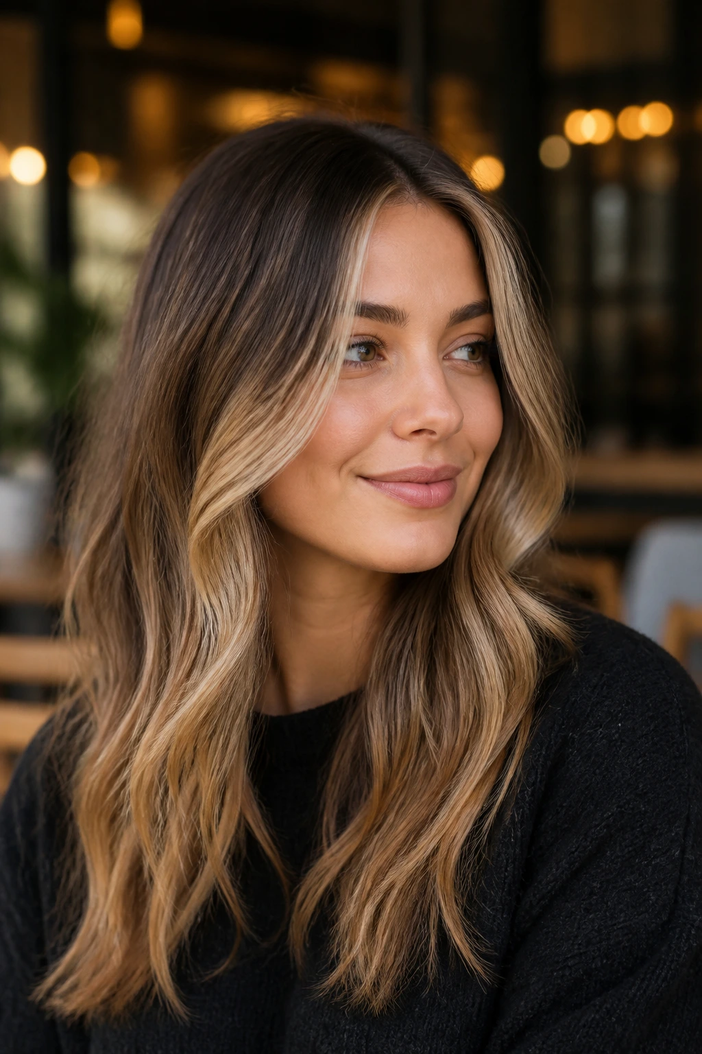 Portrait of a real woman with bronde base and money pieces at a cafe