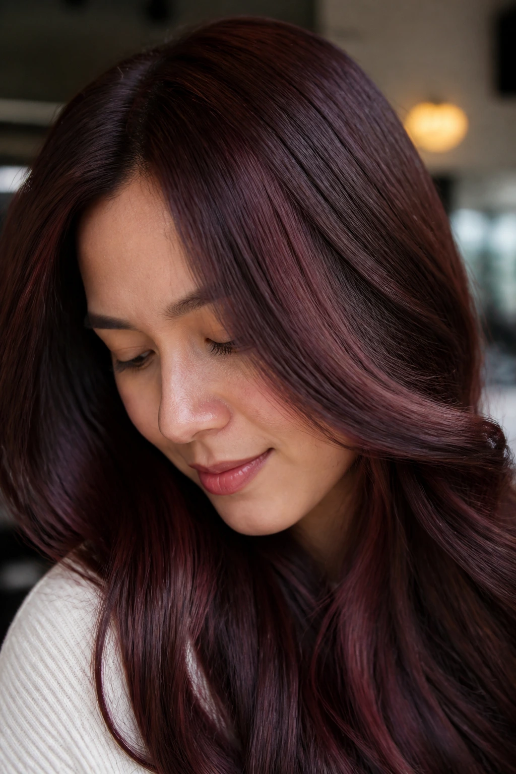 Close-up of a real person with chocolate cherry brunette hair catching the light