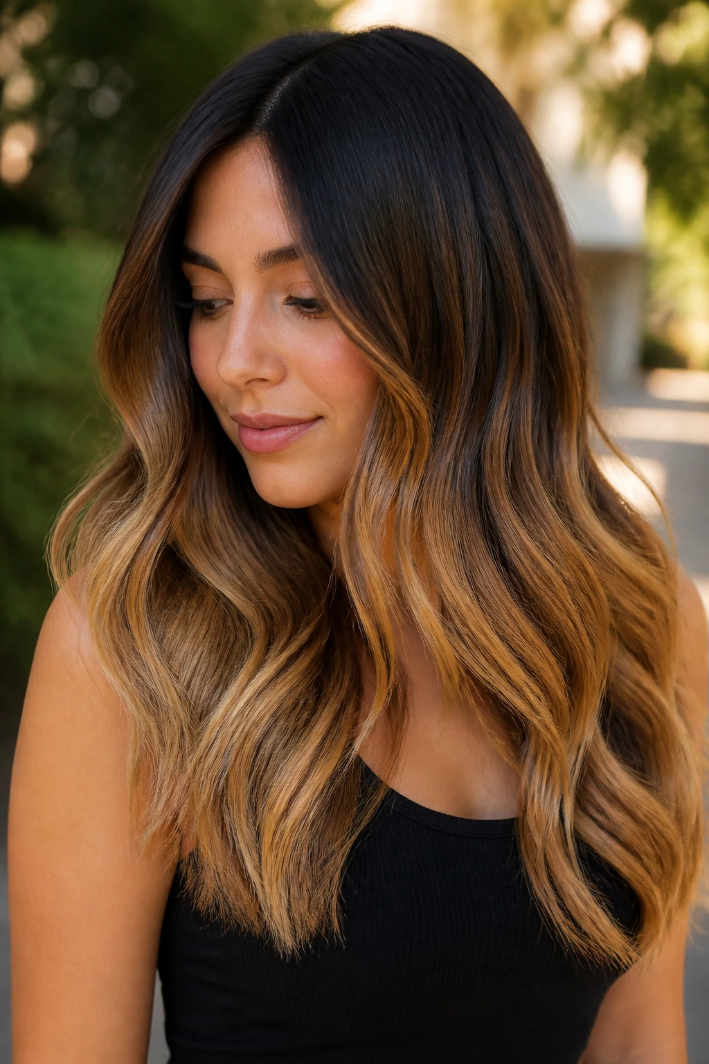 Close-up of dark hair fading to golden honey ombré in natural light
