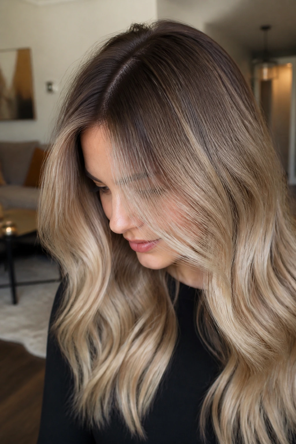 Close-up of a real person with sand beige root melt and smooth gradient