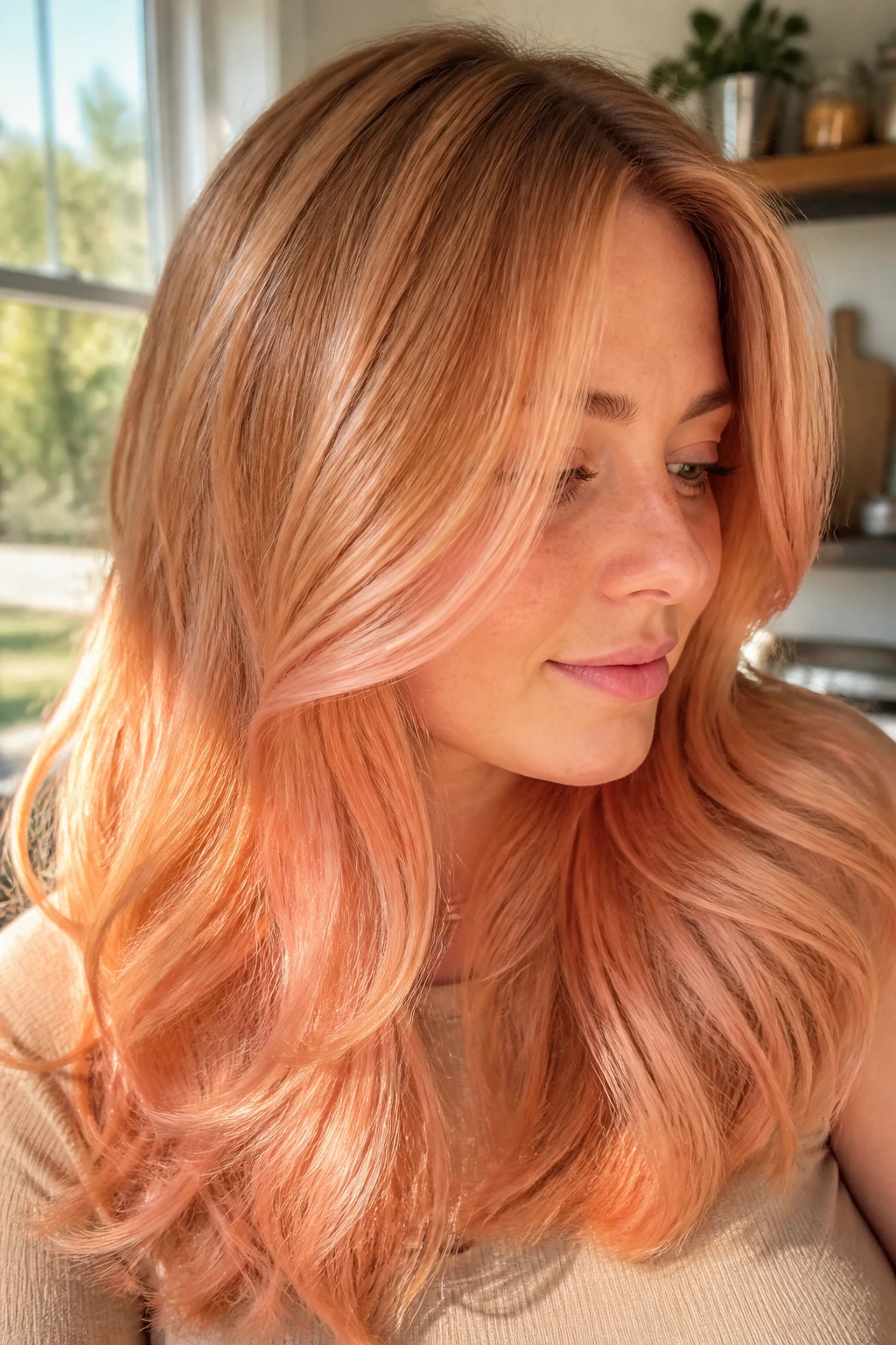 Close-up of strawberry blonde hair with peach undertones in warm morning light